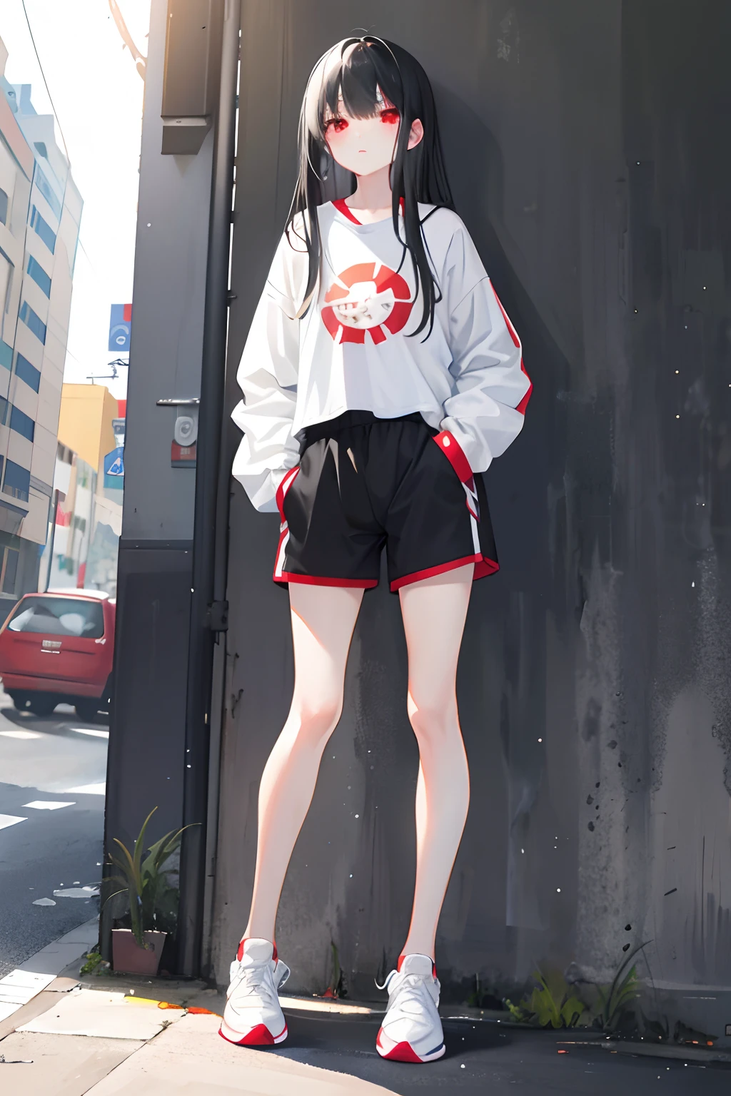 A teenage girl,Gray-black hair ,The sun shines,Red eyes,combed hair,long whitr hair,White top pajamas,Bottoms super shorts,athletic sneakers,Put your hands in your pockets,standing on your feet,full bodyesbian