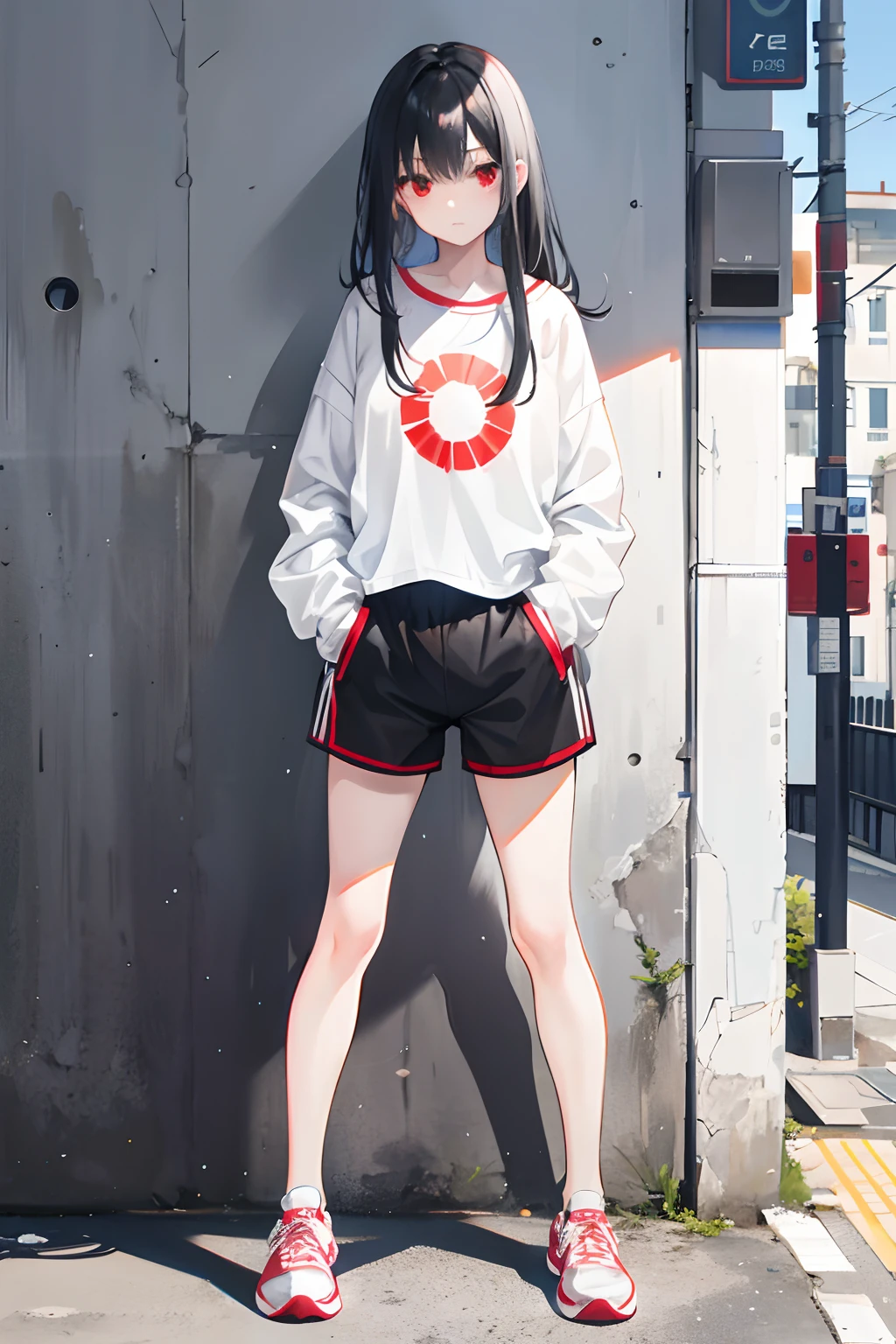 A teenage girl，Gray-black hair ，The sun shines，Red eyes，combed hair，long whitr hair，White top pajamas，Bottoms super shorts，athletic sneakers，Put your hands in your pockets，standing on your feet，full bodyesbian
