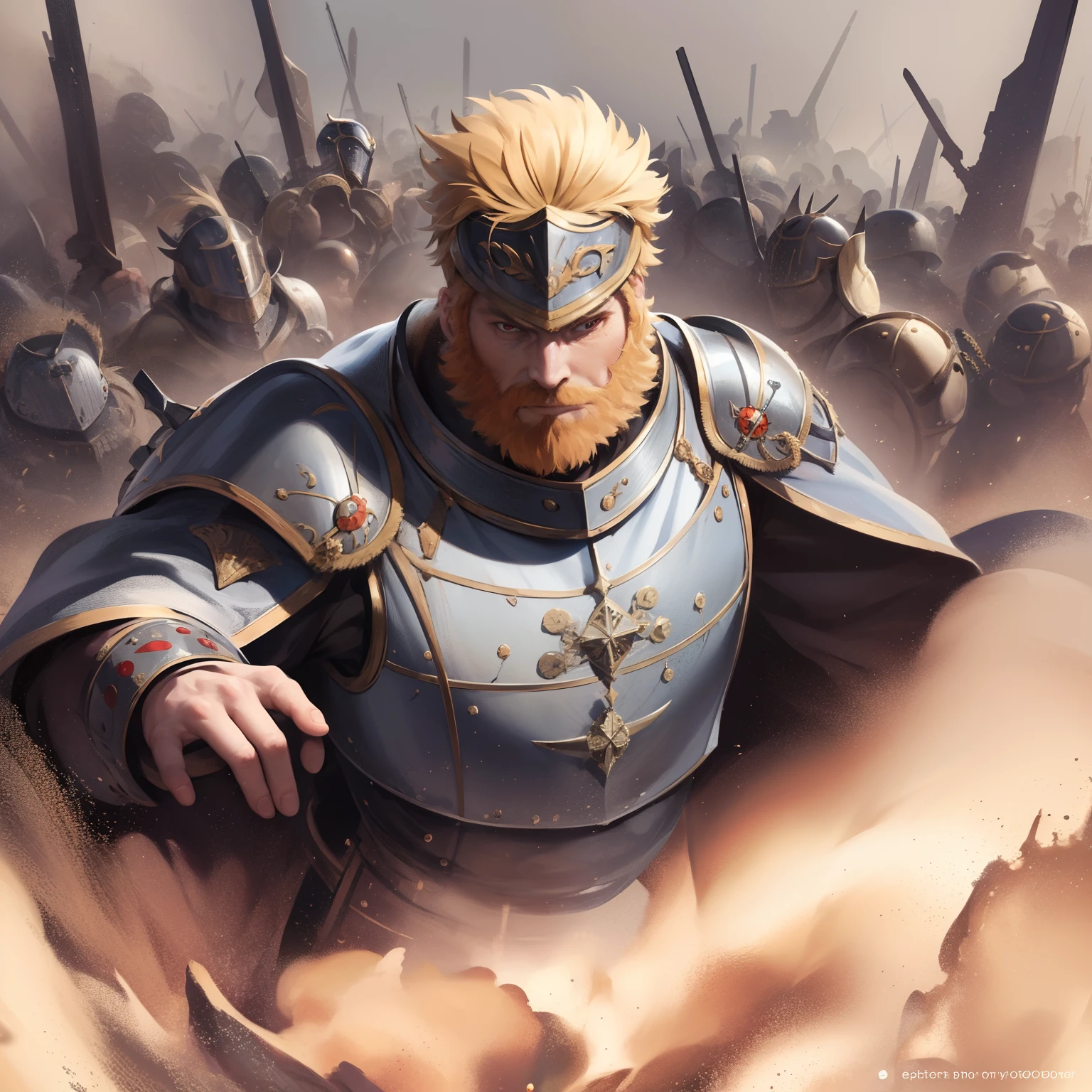 "Wide angle shot of a battlefield, depicting Emperor Frederick Barbarossa bravely engaged among circle of enemies . The scene exudes an air of mystery and epicness, with a focus on the high level of detail in the emperor's face. The image demands superlative quality, showcasing a sharp and hyper-realistic portrayal of his features."