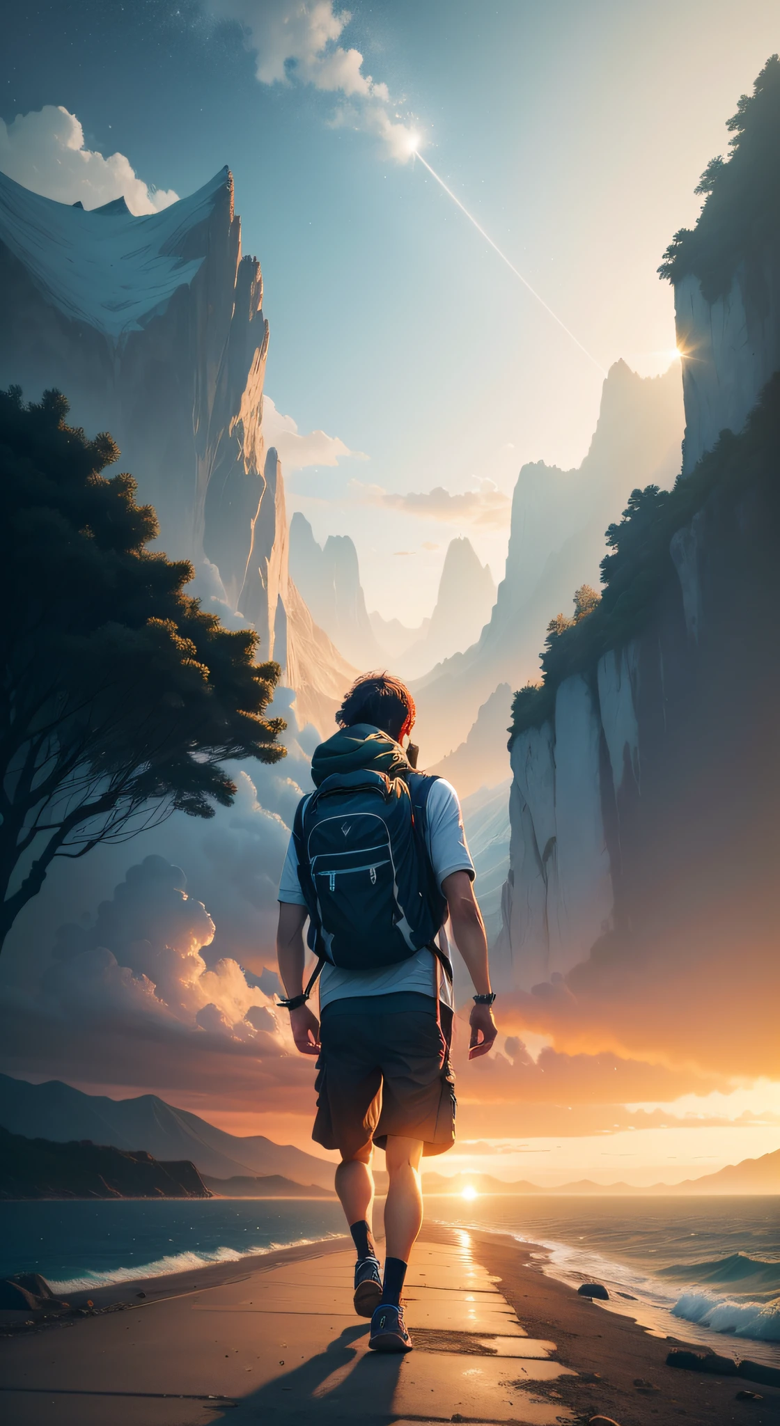 Um fundo claro e luminoso, com um caminho estreito e sinuoso que se estende ao longo da imagem, montanhas, e sol, a person walking with a backpack on his back towards the horizon, symbolizing the personal journey to happiness and fulfillment.