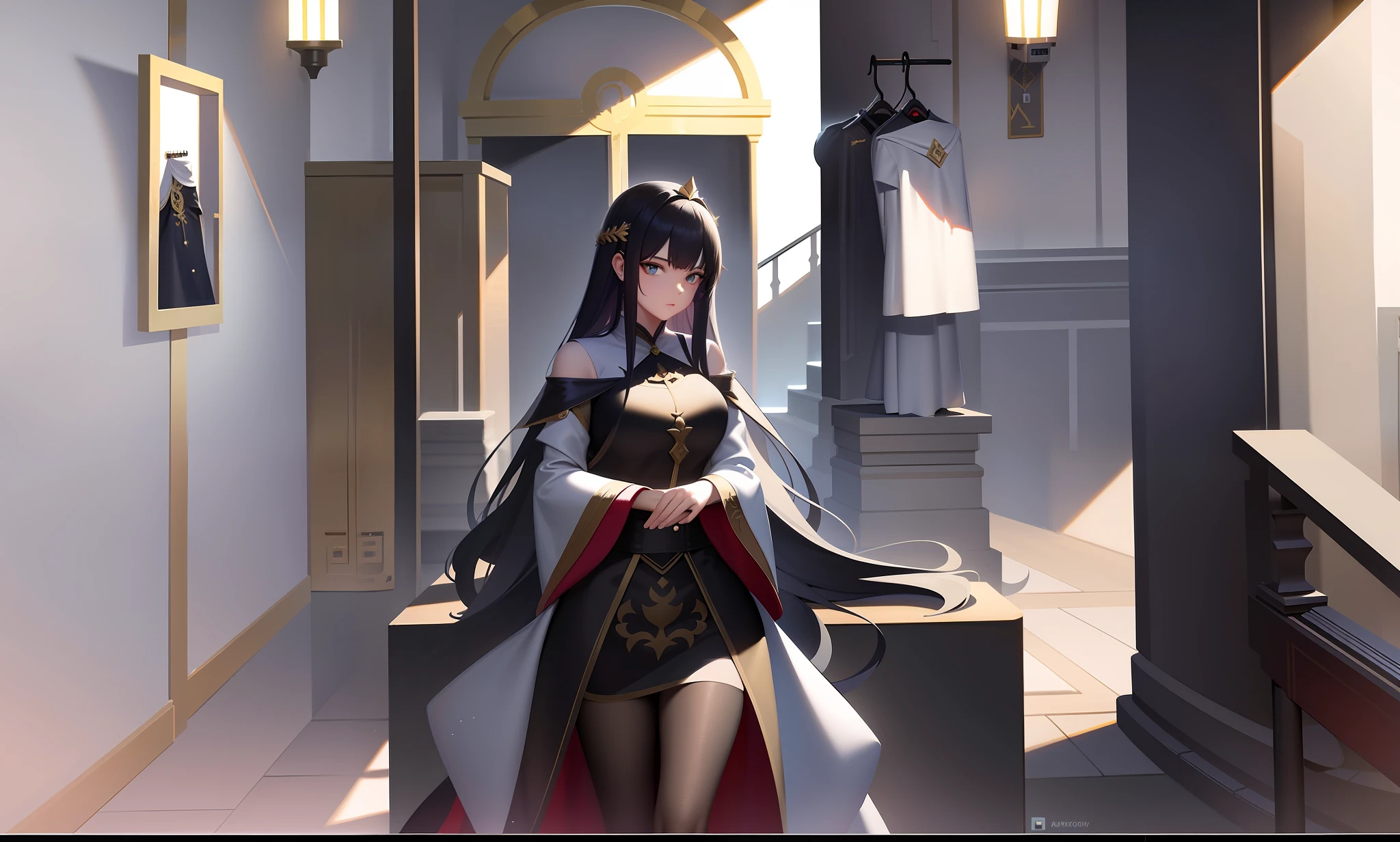 Adjust to a white cape placed on a hanger,Gold accents,Correct ray casting,Shadow detail,Multi-layered