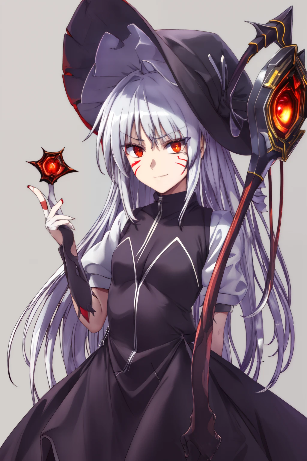 (((simple background))),looking at viewer,standing,staring straight,1girl,(((intricate iris, white hair,redeyes,))),evil smile,black jacket,leotard,inner glowing eyes,reinforce, 1girl,(((silver hair,red facepainting))),cowboy shot,kirisame marisa, mahou shoujo lyrical nanoha,witch hat