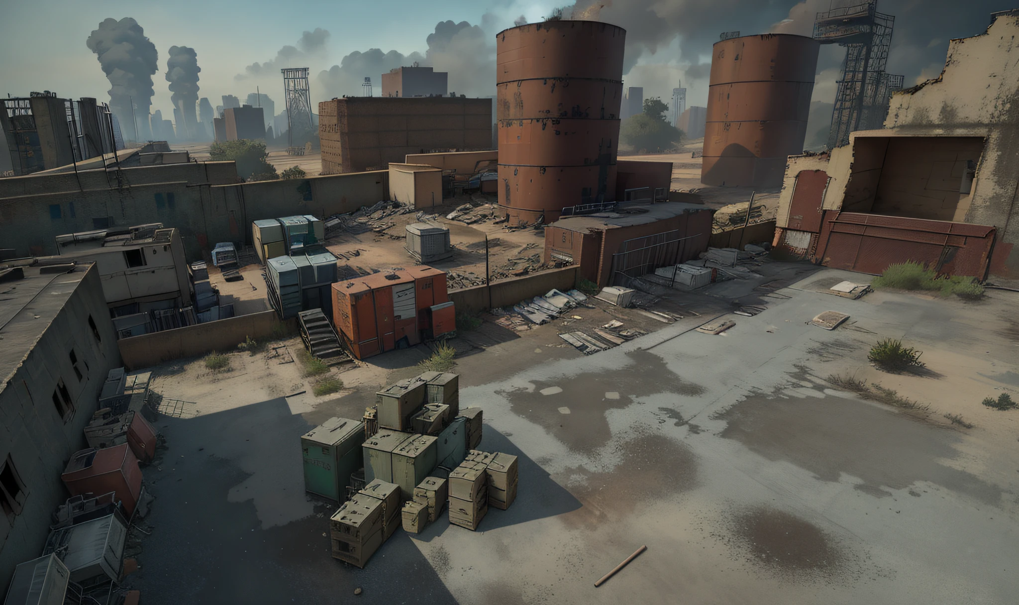There are photos of brick buildings, warehouses near the city with a large number of buildings, Photo of an abandoned factory in the desert, overgrown with vines, Containers, Boxes, Broken floor slabs, covered with sand, Dirty street background, Screenshot from the game, industrial setting, ingame image, Ландшафт Airsoft Arena, Industrial Environment, Realistic scene, Hyper-detailed scene, Industrial Environment, highly detailed scene, game cg, Steam Workshop Maps, Shot in the game, An asset of the RPG gaming environment