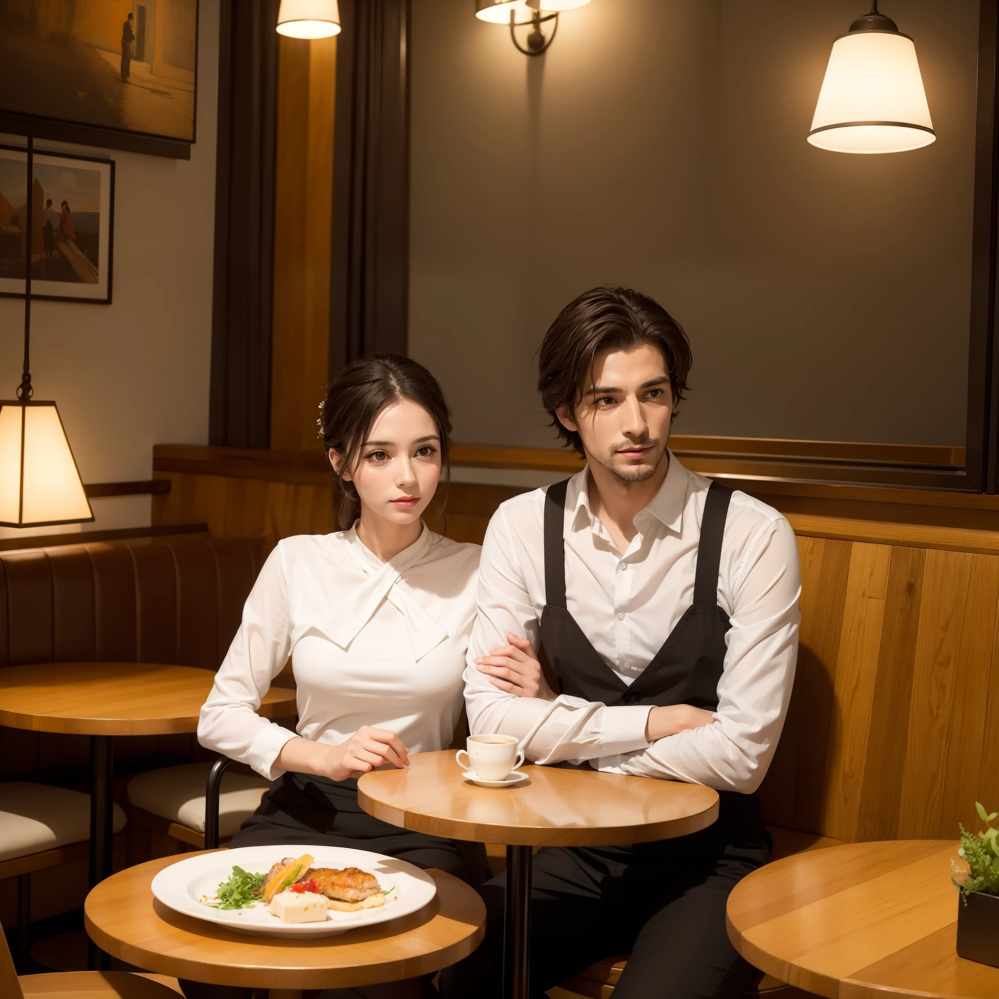 Man and woman in bright trattoria in Italian red tones