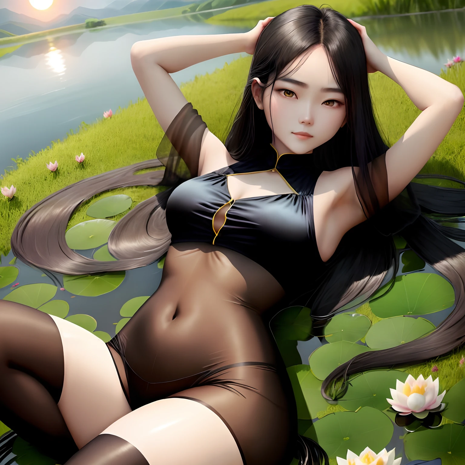 A woman with black silk legs,Lovely cheeks,the setting sun,On high green grass,light breeze,Lying beautiful face and figure,Put your arms on your head,blocking the sun。The highest quality clothes blow,Evil smiled,Overall natural。Relax,Shoulder mounted,There are lotus flowers in the lake behind you