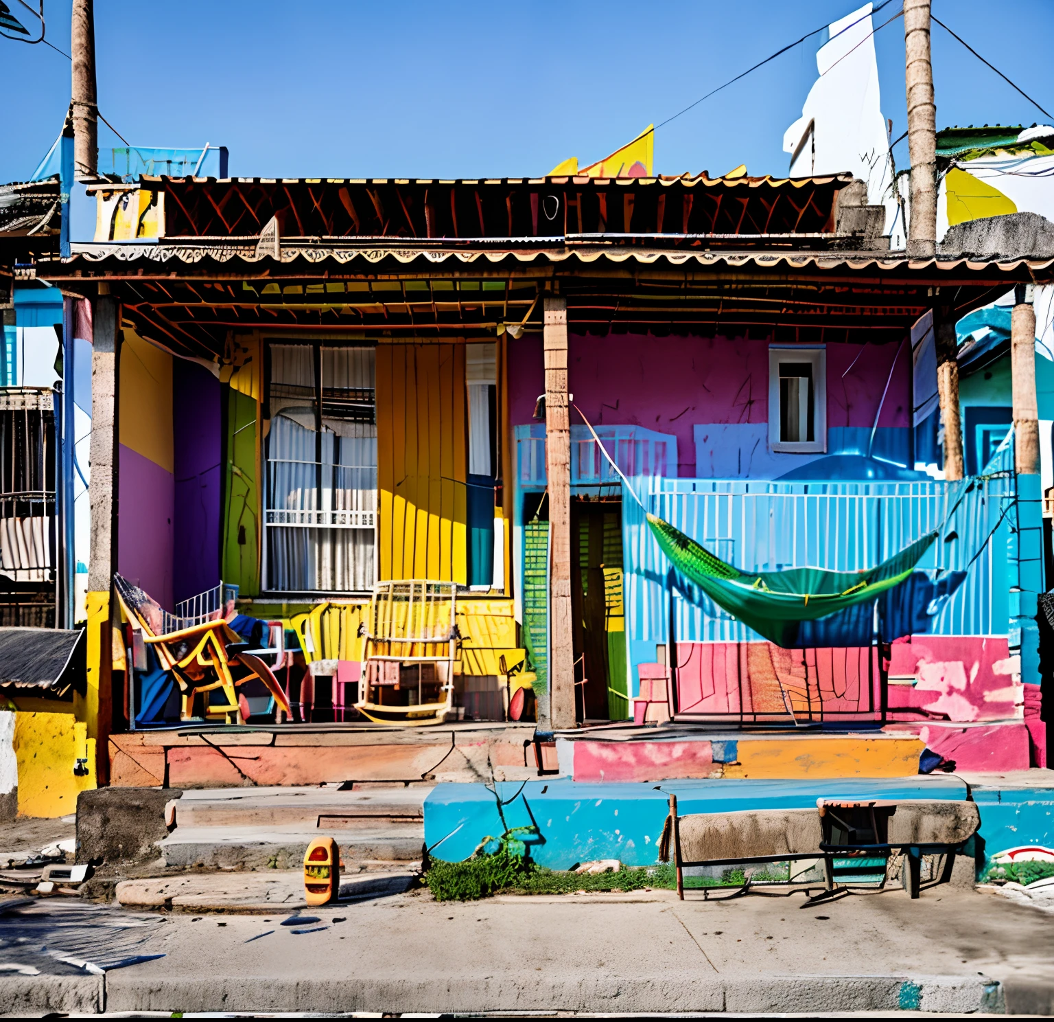 there is a hammock on the porch of a house, colorful house, by Samuel Silva, by Felipe Seade, colorful houses, by Ceferí Olivé, brilliantly colored, by Ramón Silva, location ( favela ), by Judith Gutierrez, vibrant scene, by Caro Niederer, location ( favela _ wall ), by Matteo Pérez, by Fernando Gerassi