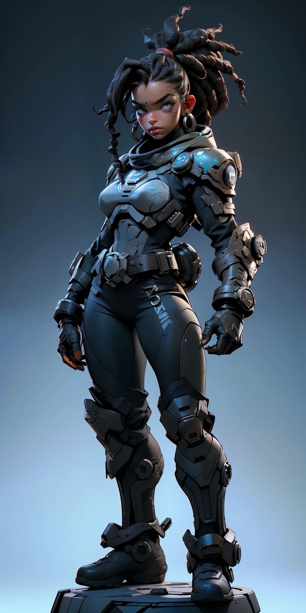 best quality, Ultra Detalhado, master part, 1 mulher negra de 18 anos, pele negra, Gears of War estilo Sci-Fi Fighter, Jogo de Gears of War, ((1 mulher negra de 18 anos, pele negra, cabelo dreadlock, rosto bonita, rosto bem desenhado, symmetrical face, detailed hands, well drawn hands, symmetric eyes, corpo esguio: 1.2, sci-fi soldier, usando armadura nsfw sci-fi, corpo esguio, corpo inteiro, peito pequeno)), dynamic pose, Pose de combate, motor ureal 5, 8k, drama ao vivo, apocalyptic cityscape, proporcional, symmetric, proportion Aurea, art-station, Velhaco, Dynamic Combat Pose