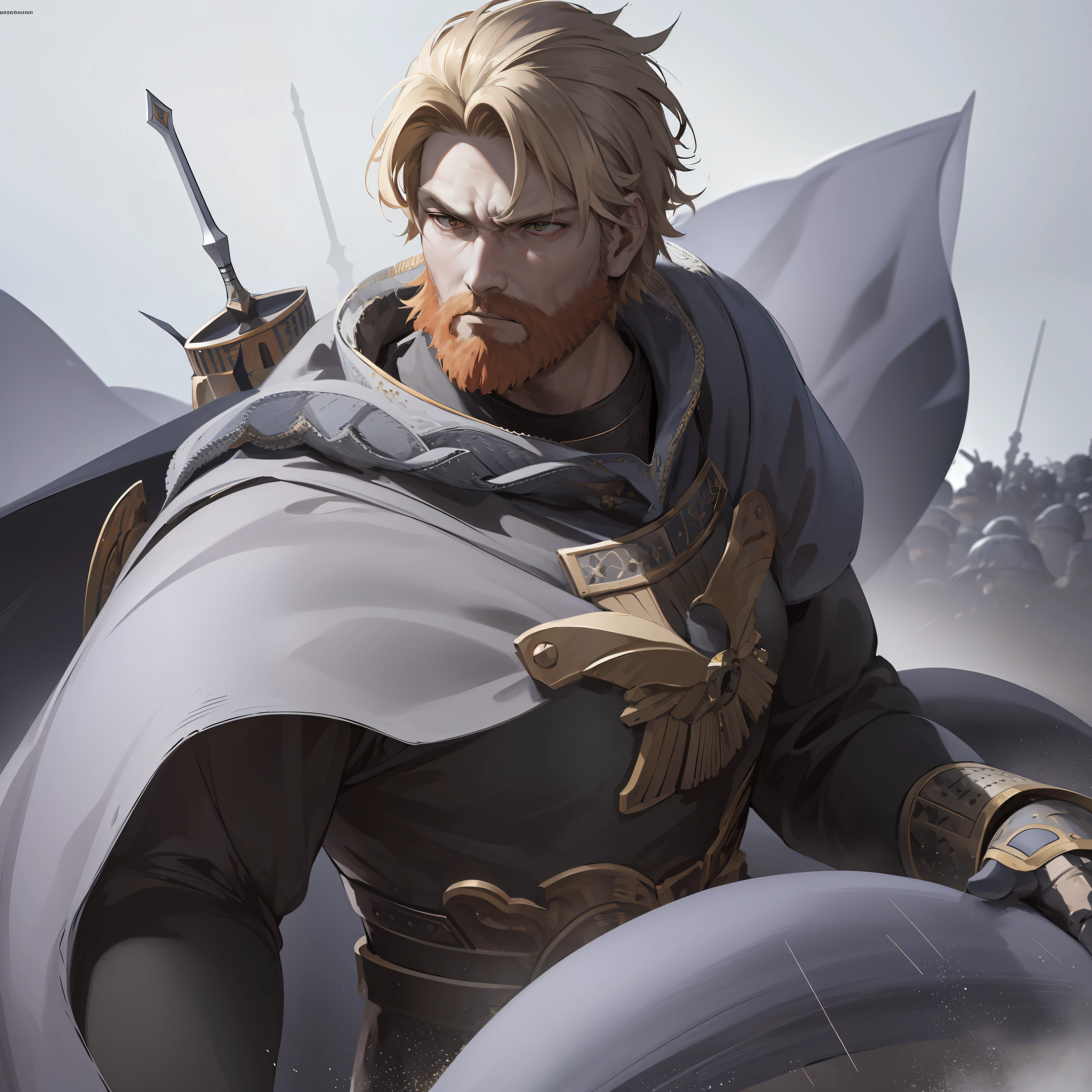 "Wide angle shot of a battlefield, depicting Emperor Frederick Barbarossa bravely engaged among circle of enemies . The scene exudes an air of mystery and epicness, with a focus on the high level of detail in the emperor's face. The image demands superlative quality, showcasing a sharp and hyper-realistic portrayal of his features."