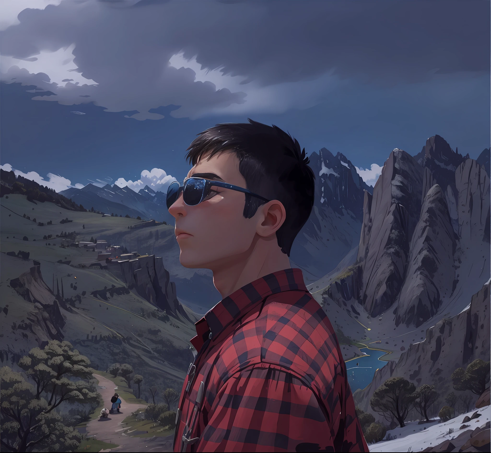 A boy with,  Cartoony，delicated，Cartoonish background，Ink wind，Alpine scenery，blue-sky，Black sunglasses，Handsome and delicate short hair