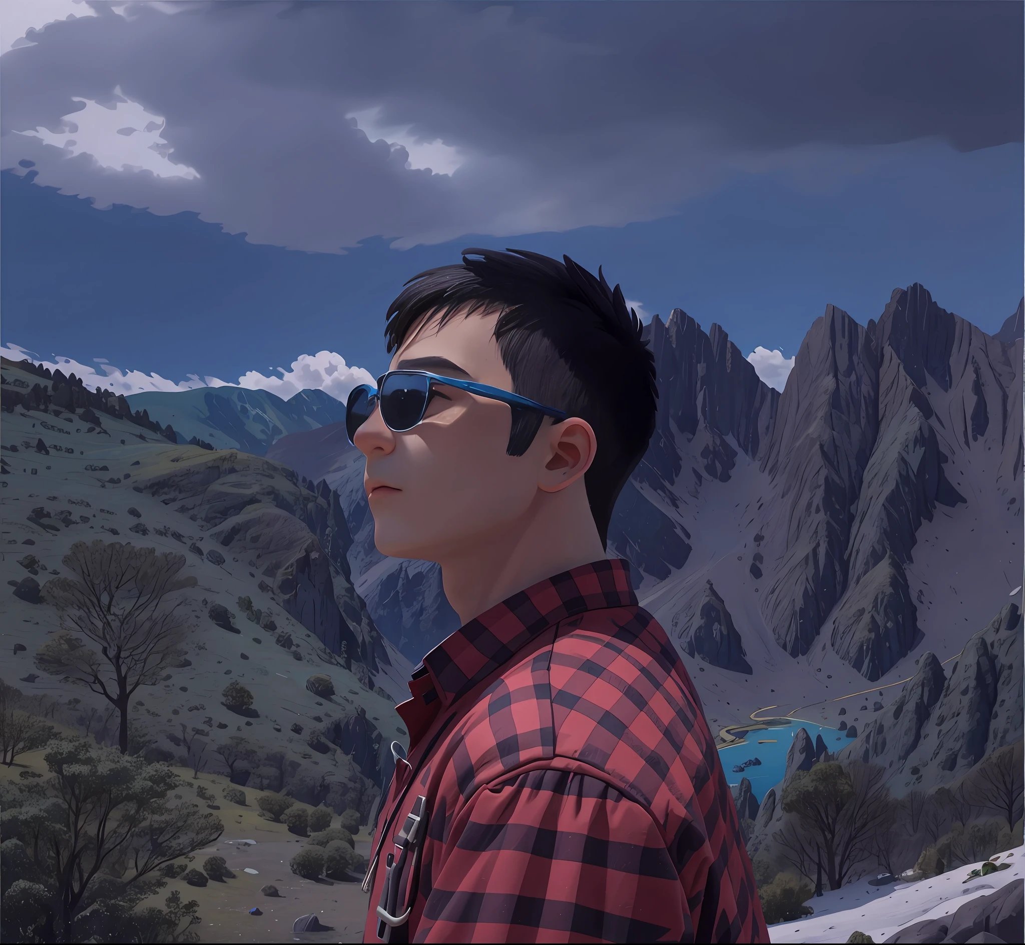 A cartoon boy,Ink style,Stand under a magnificent alpine landscape,The blue sky and blue water reflect his handsome and delicate short hair,Wearing black sunglasses。