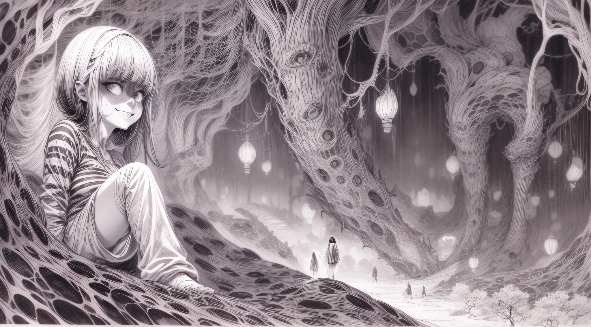 a black and white drawing of a monster and a woman on the ground, Open silk fully unbuttoned see through shirt, gigantic massive long saggy hanging down teardrop sagging dropping tits, smile, Sakura flower, Sakura trees, falling flowers, junji ito artwork, in style of junji ito, art style of junji ito, junji ito style, horror manga, yoshitaka amano and junji ito, junji ito and greg rutkowski, junji ito undertones, inspired by Junji Ito
