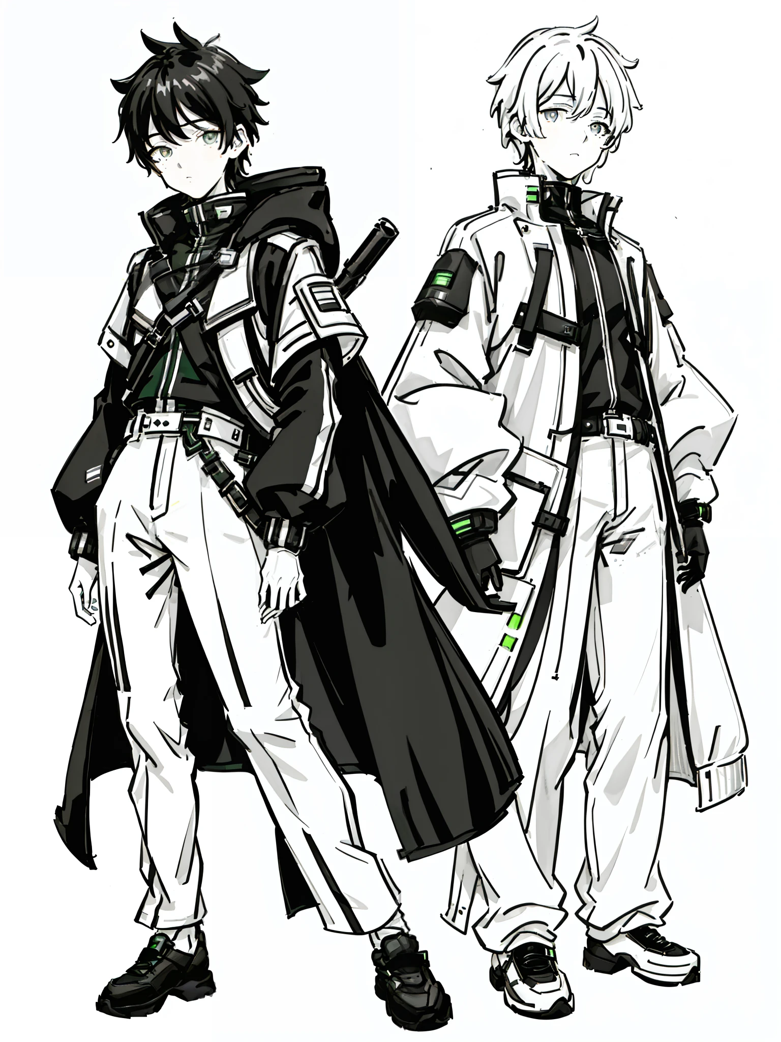 short hair with black eyes, a science fiction style young age boy, 150 centimetres tall, wearing green jacket, wearing future style accessories, drawing character sheet, full body, same character at 3 angles,(simple background, white background:1.3), (((monochrome))), (((black and white color)))