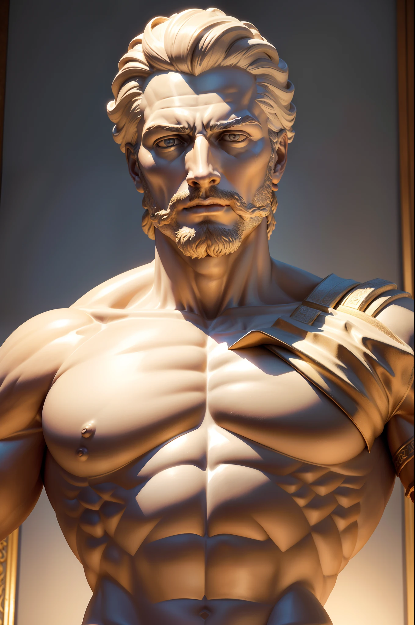 Create a statue of a Greek man in hyper-realistic style, precise anatomical and muscular details, dignified and noble facial expression, carved marble texture visible under soft light, fundo neutro que ressalta a escultura como uma obra-prima da antiguidade, escultura, Virtual marble modeling, com cicatrizes no rosto
