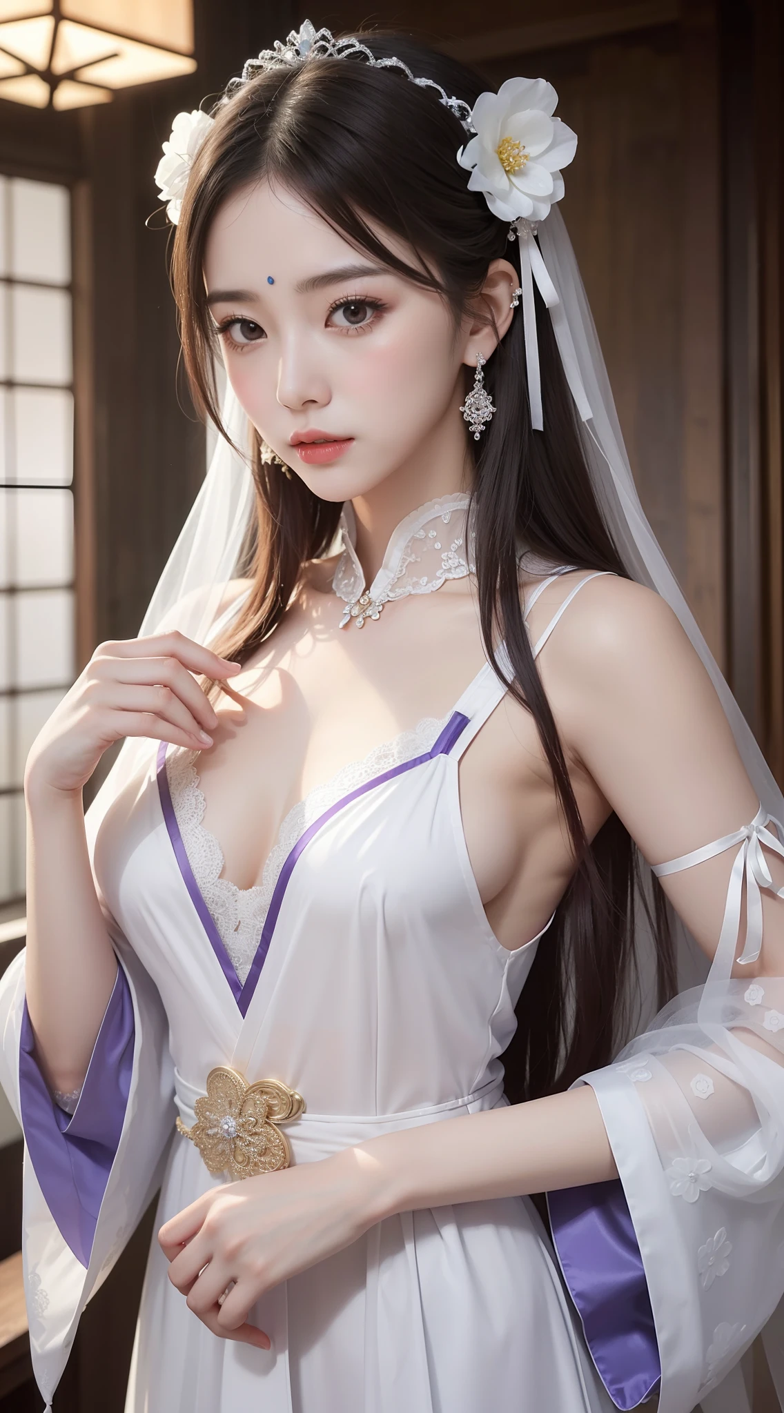 Hanfu，Wedding style，queen costume，Ice silk thin transparent version，Lace pattern，耳Nipple Ring，Hairpins，Meticulous facial features，Protruding chest，Chest exposure，