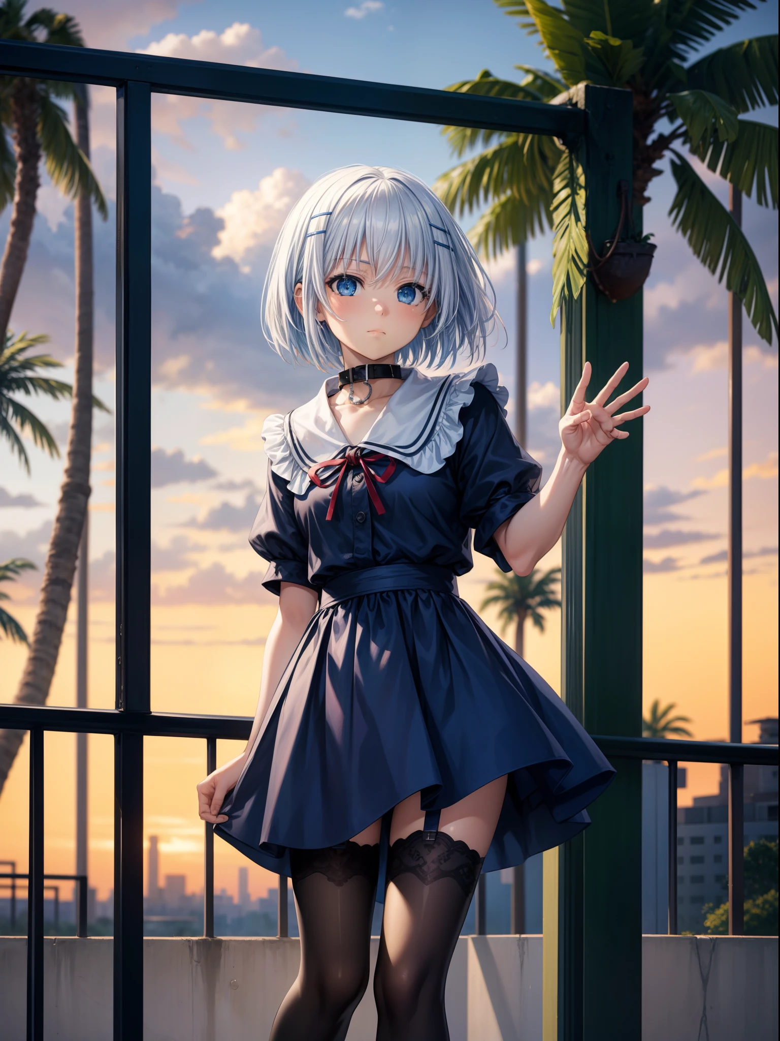 1girl, {Anime art from the 1980s:1.2},black_legwear, Blue_eyes, Blue_skye, Blur_censor, blurred, blurred background, blurry foreground, bokeh, Cloud, cloudy_skye, collar, cosplay_a  photo of a, Day, Depth of field, Dirt, east asian architecture, fence, film_Grain, Focused, hairstyle, Kemi, thights, Collection,looking into the lens, motion_Blur, name_jour, exteriors, palm tree, Park, a  photo of a_(Mid), Background for photography, Photo Installation, plant, Houseplant, rainbow, school costume, Shoes, Short hair, temple, Silver hair, skye, Squat, stadium, Street, City, a tree