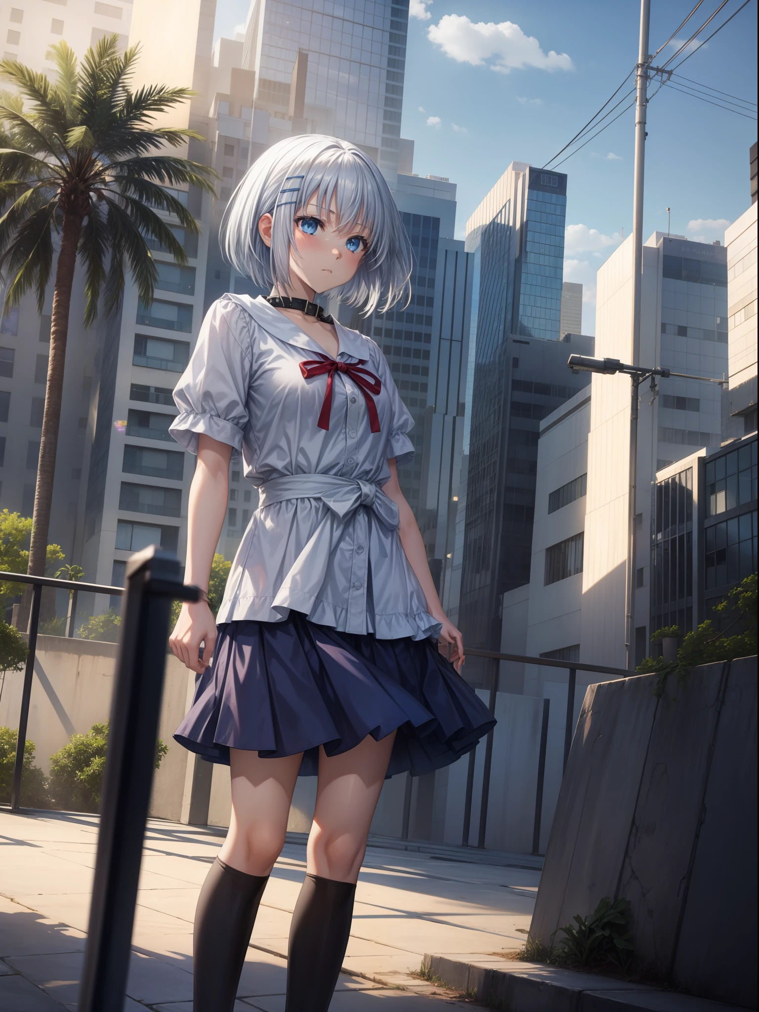 1girl, {Anime art from the 1980s:1.2},black_legwear, Blue_eyes, Blue_skye, Blur_censor, blurred, blurred background, blurry foreground, bokeh, Cloud, cloudy_skye, collar, cosplay_a  photo of a, Day, Depth of field, Dirt, east asian architecture, fence, film_Grain, Focused, hairstyle, Kemi, thights, Collection,looking into the lens, motion_Blur, name_jour, exteriors, palm tree, Park, a  photo of a_(Mid), Background for photography, Photo Installation, plant, Houseplant, rainbow, school costume, Shoes, Short hair, temple, Silver hair, skye, Squat, stadium, Street, City, a tree