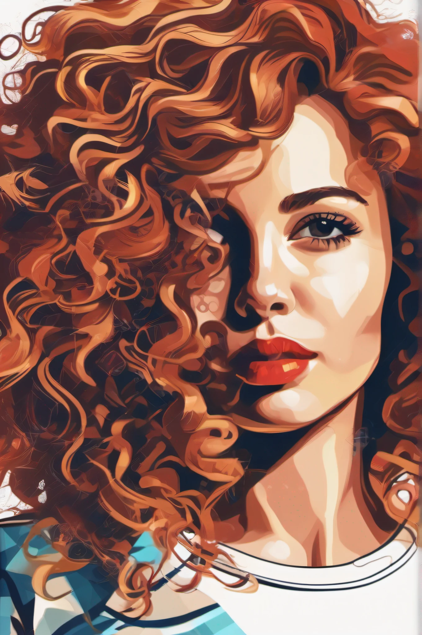 T-shirt graphic design art, flat illustration of woman with curly hair, colorful tones, highly detailed clean, vector image, photorealistic masterpiece, professional photography, flat white background, isometric, vibrant, vector