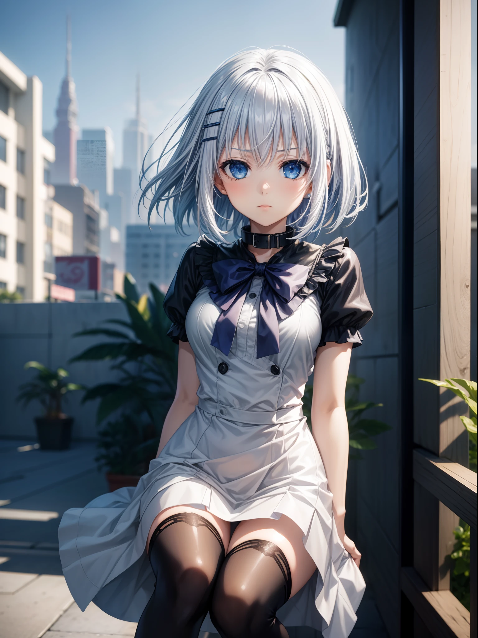 1girl, {Anime art from the 1980s:1.2},black_legwear, Blue_eyes, Blue_skye, Blur_censor, blurred, blurred background, blurry foreground, bokeh, Cloud, cloudy_skye, collar, cosplay_a  photo of a, Day, Depth of field, Dirt, east asian architecture, fence, film_Grain, Focused, hairstyle, Kemi, thights, Collection,looking into the lens, motion_Blur, name_jour, exteriors, palm tree, Park, a  photo of a_(Mid), Background for photography, Photo Installation, plant, Houseplant, rainbow, school costume, Shoes, Short hair, temple, Silver hair, skye, Squat, stadium, Street, City, a tree