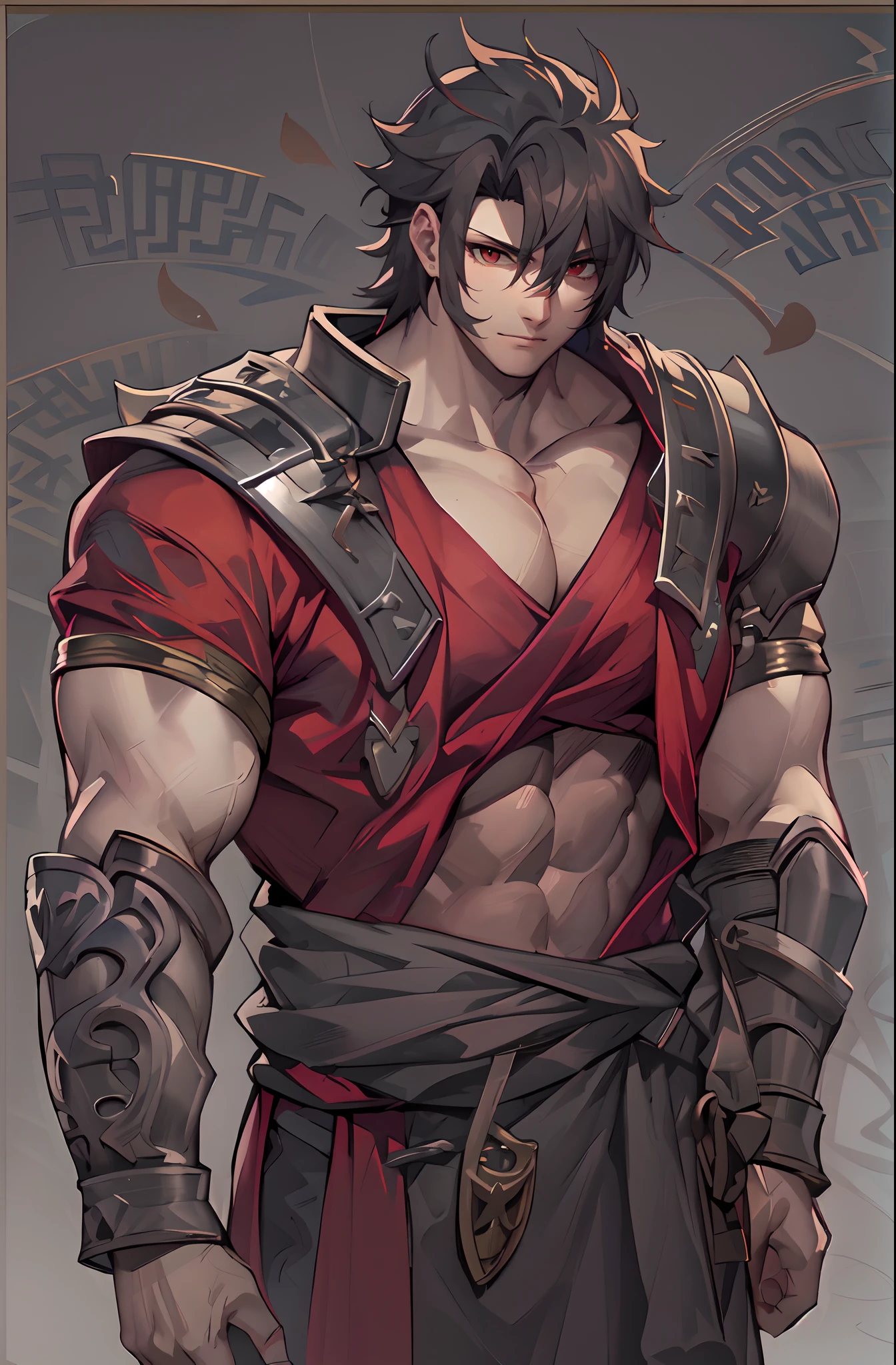 Corinthian musketeer, male, metal parts, black and red clothing, muscular, holding a fencing sword