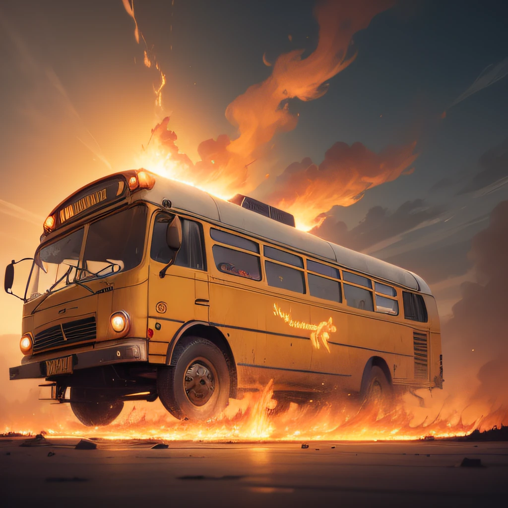 Front shot of a school yellow bus, centered camera, front of bus centered, action picture, apocaliptcal city on backgroung, fire and beam lights on foreground, rim lignt, sunny afternoon ambient, cartoon style digital art, intricate drawing concept