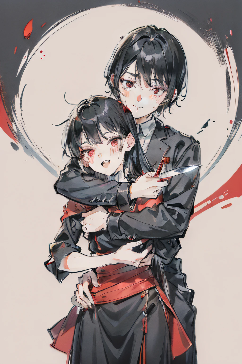 Anime black haired and red-eyed boy with a cold look hugging a short blonde girl from behind as she holds a knife laughing at the outfit and bloody face