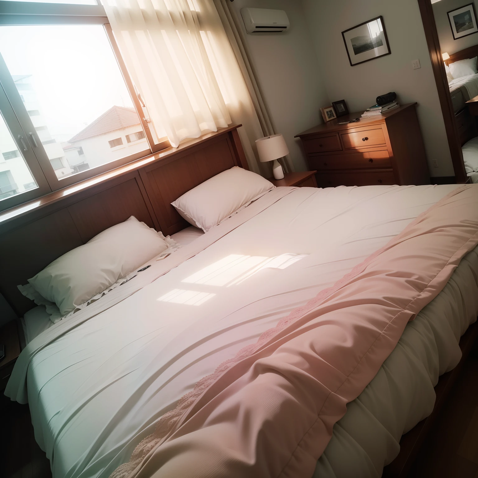 Cozy setting, cama branca, View from the camera on the right, melhor qualidade, chest of drawers on the left side, There is no one, nenhuma pessoa quarto. maximum details, Absurdo, zoom in na cama, zoom na cama, camera focused on the bed, tela cheia na cama