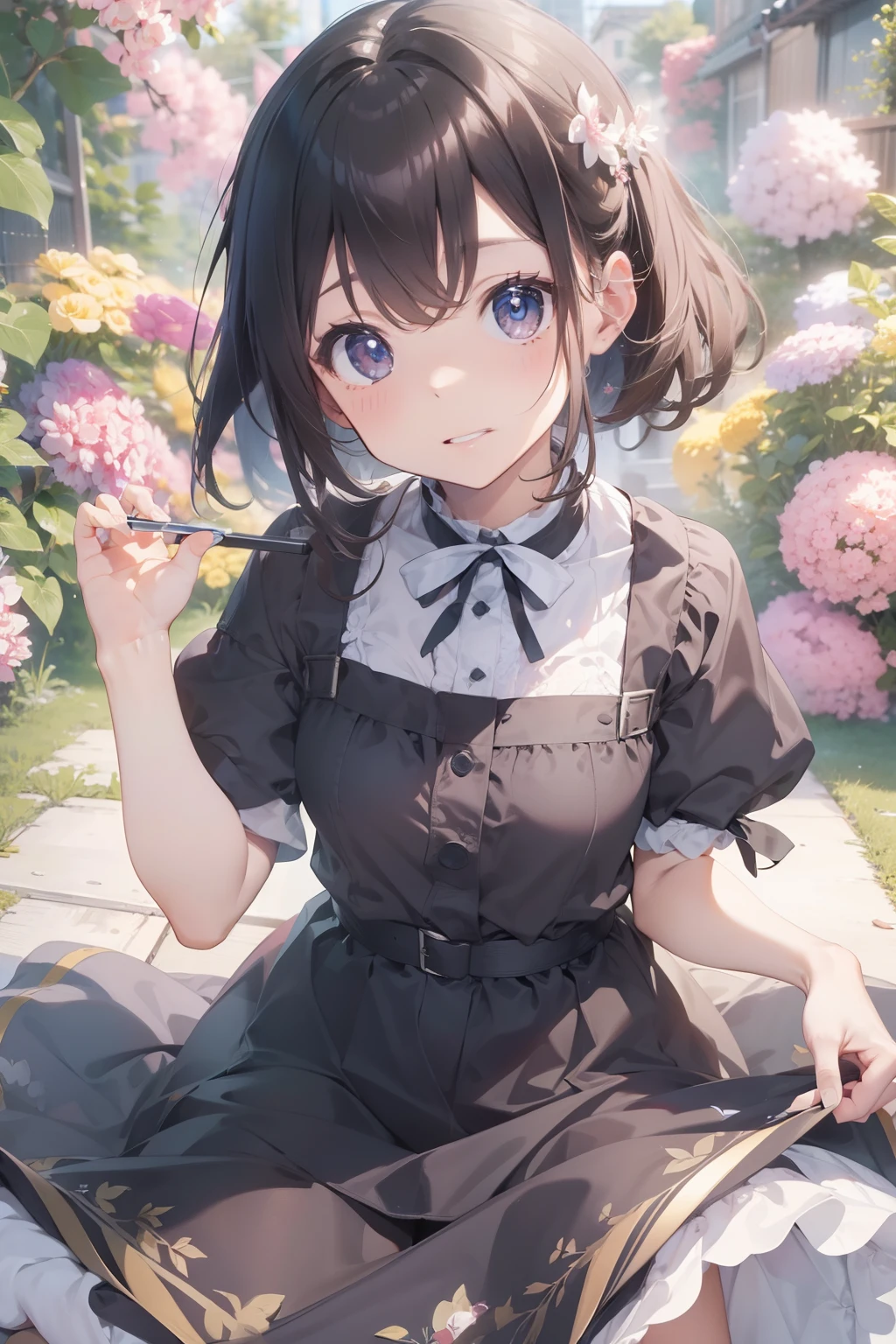 Tabletop, highest quality,figure, wallpaper, Super detailed, Absurd beauty、One beautiful woman、 (Short brown hair), Wet Hair,Beautiful brown hair, Clear brown eyes, Slightly chubby,Small breasts,(((Teasing Smile))),, Very detailed beautiful eyes , Hair blowing in the wind、Keep your head small、Flower Field、great outdoors、Flower Garden Scenery