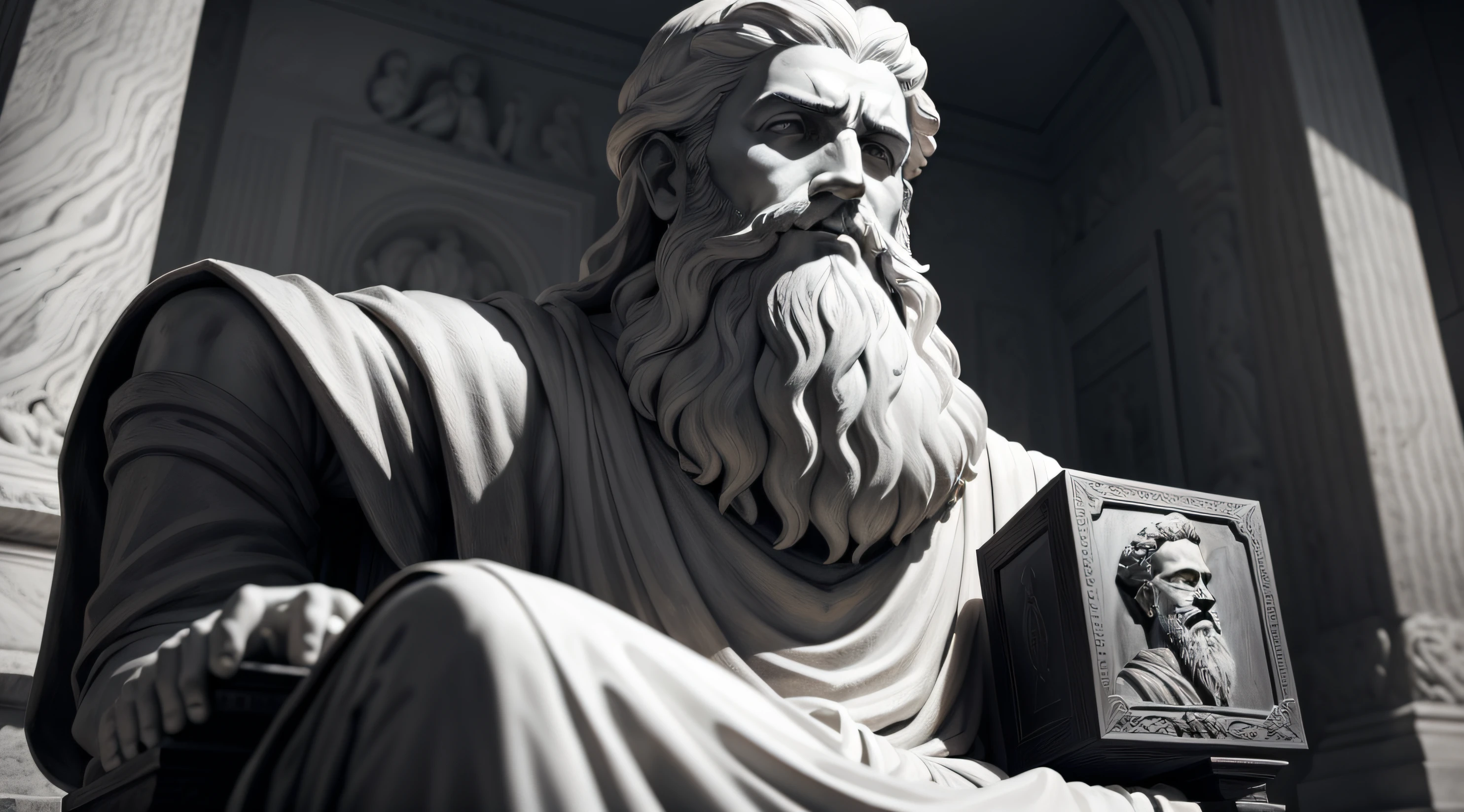 a black and white photo of a statue of a man with a beard, philosopher, stoicism, theophanes, inspired by Theophanes the Greek, by Theophanes the Greek, stoic attitude, godlike and stoic, portrait of aristotle, philosophical, philosopy, an ancient greek statue, stoic pose, platon