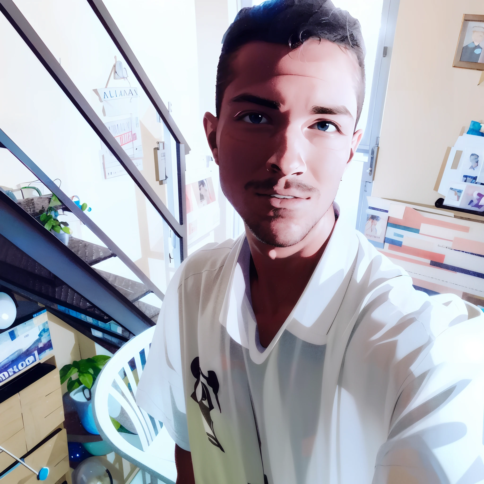 (HD, Ultra Detailed) Artho Becker 22 years old, handsome, charming (black T-shirt) (pants), perfect anatomy, hands in pockets, portrait in 8k dorm room