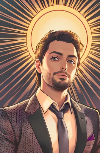 Cartoon portrait of Danilo Gentili, entire body on black suit and tie, model pose cartoon, full bode view on camera, front shot, intricate drawing lineart, eyes focused on camera, rim light, soft colors on backgroun, sun beams light on foreground