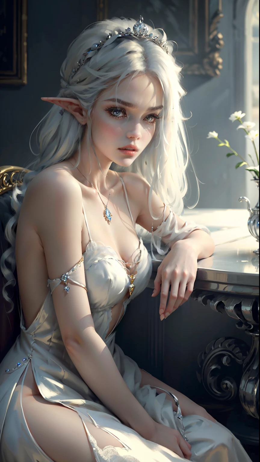 ((Best quality)), ((masterpiece)), (highly detailed:1.3),a woman white hair fringe elf dress white gold accessories, seated shy look flushed