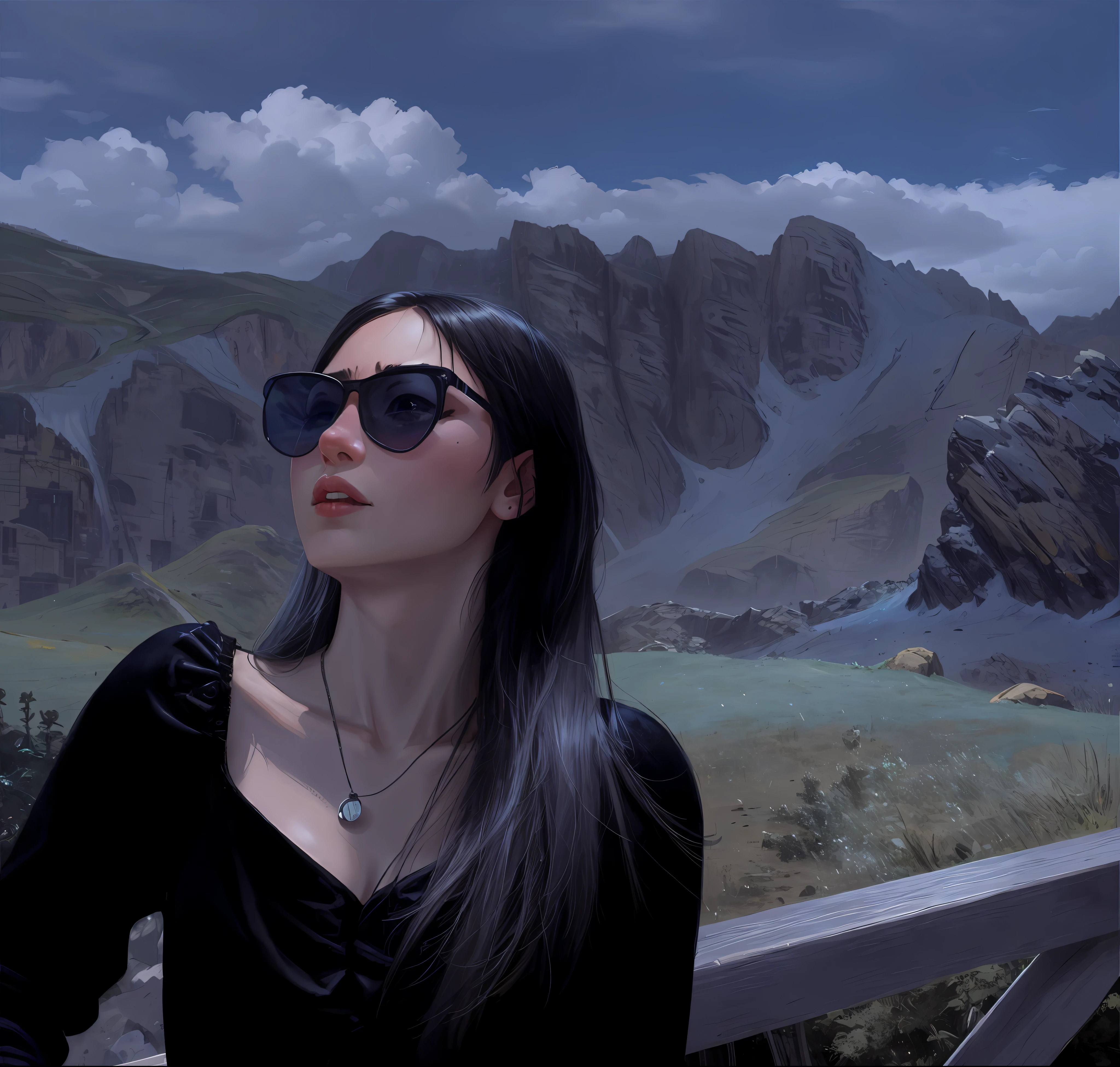A girl, Sexy and beautiful,Cartoony,cyber punk perssonage,sci-fy,Alpine scenery,blue-sky,Black sunglasses,Long black hair