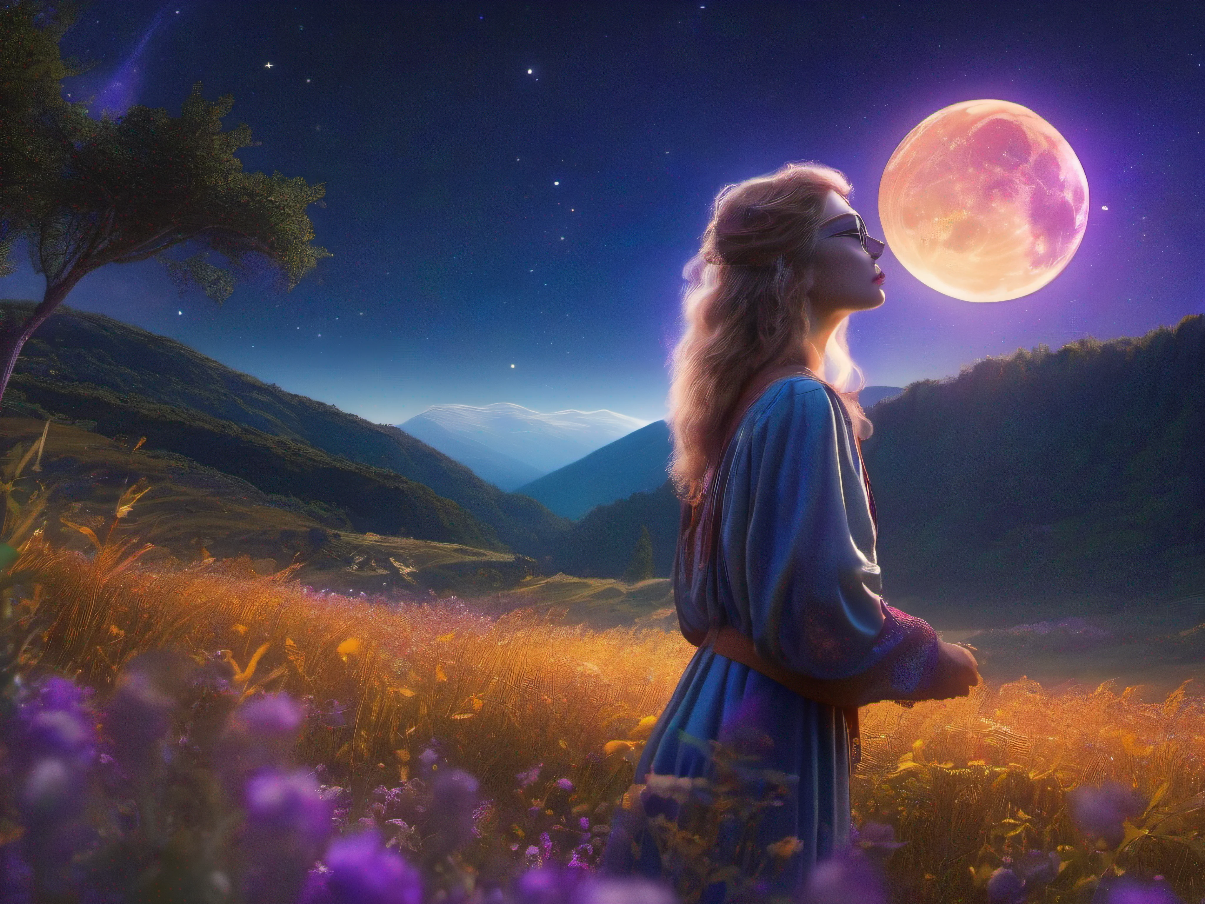 Expansive landscape photograph, (view from below with a view of the sky and wilderness below), a girl standing in a grass field looking up, long hair, blonde hair, glasses, ragged attire, (full moon: 1.2), (shooting star: 0.9), (nebula: 1.3), distant mountain, tree break production art, (warm light source: 1.2), (firefly: 1.2), lamp, purple and orange, intricate detail, volume lighting, realism break (masterpiece: 1.2) (Best Quality), 4K, Ultra-Detailed, (Dynamic Configuration: 1.4), Highly Detailed and Colorful Details, (Iridescent Colors: 1.2), (Glowing Lighting, Atmospheric Lighting), Dreamy, Magical, (Solo: 1.2)