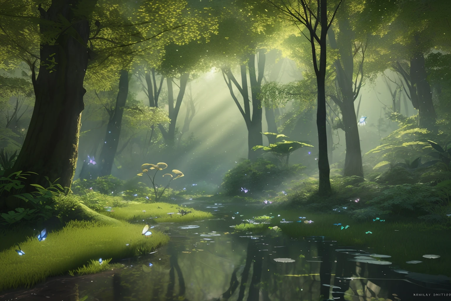 best quality, stunning reflections, best reflections ever. (highly detailed CG unity 8k wallpapers), (better quality), (better artwork), (better shadows), forest theme with natural elements. Tall trees, calm stream, small glowing mushrooms surrounded by delicate leaves and branches, lots of fireflies and glowing particle effects, (natural elements), (jungle theme), (leaves), (twigs), (fireflies: 1.3 ), butterflies, (delicate leaves), (glow), (particle effects). , 3d isometric, octane, ((ray traced: 1.5)), super detailed