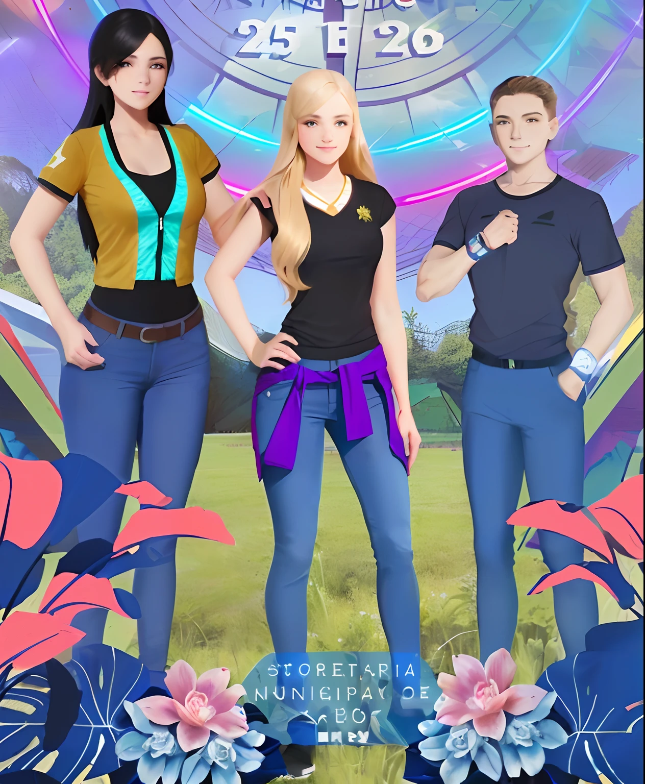 There are three characters in a field with flowers, Arte Promocional, Three people, dinamic poses, at a holiday camp, Arte Digital!! promotional render, arte de fundo, Arte Promocional, uma monitora de acampamento, a young blonde and a boy with an athletic pose, sorrindo, Arte de Capa, High School Space, 3d, alta qualidade, 4k, estilo anime,