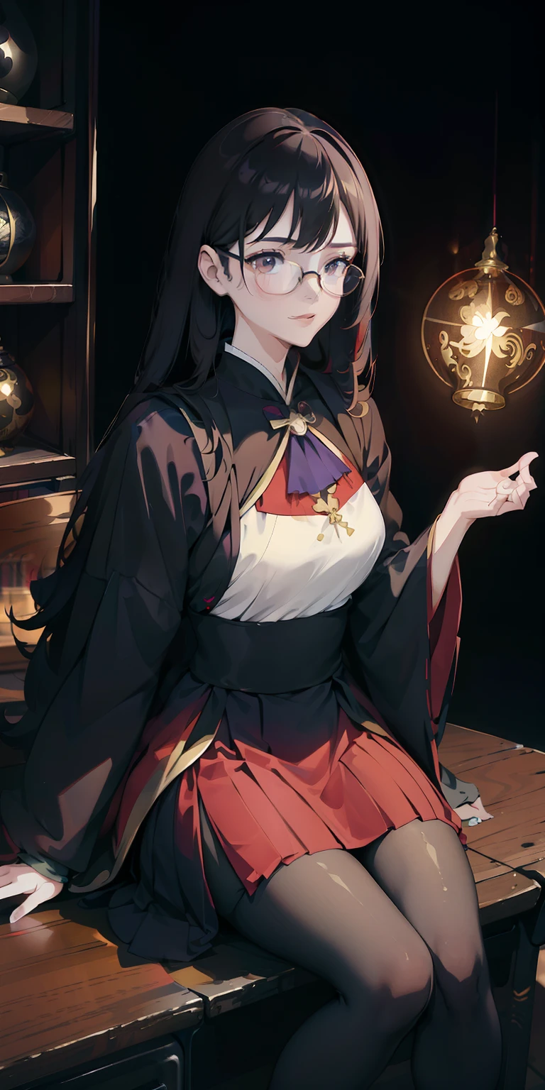 1girl, (hanfu), with light glowing, sidelighting, Wallpapers,tmasterpiece，black pantyhoses，a black pleated skirt，cabelos preto e longos，Gold-rimmed glasses，Qi bangs，red color eyes，sittinng on the desk，Student uniform