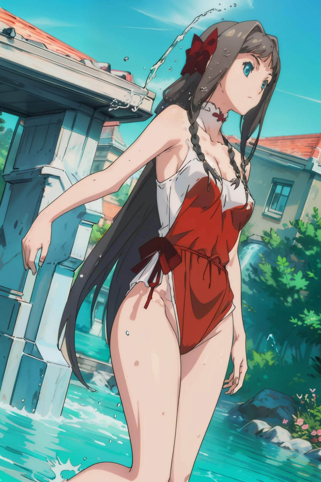 (nsfw 1.1), ((1girl)), ((masterpiece)), realistic, ((highly detailed:1.3)), beautiful elf princess bathing in a marble tub, ((very long blonde hair)), wet hair, wearing a sheer bathrobe, clothed bathing, ivorygoldai, royal palace bathroom setting, steam, ornate marble tub, (rose petals floating in water:1.3), early morning light, windows, crepuscular lighting, dynamic pose, dynamic angle