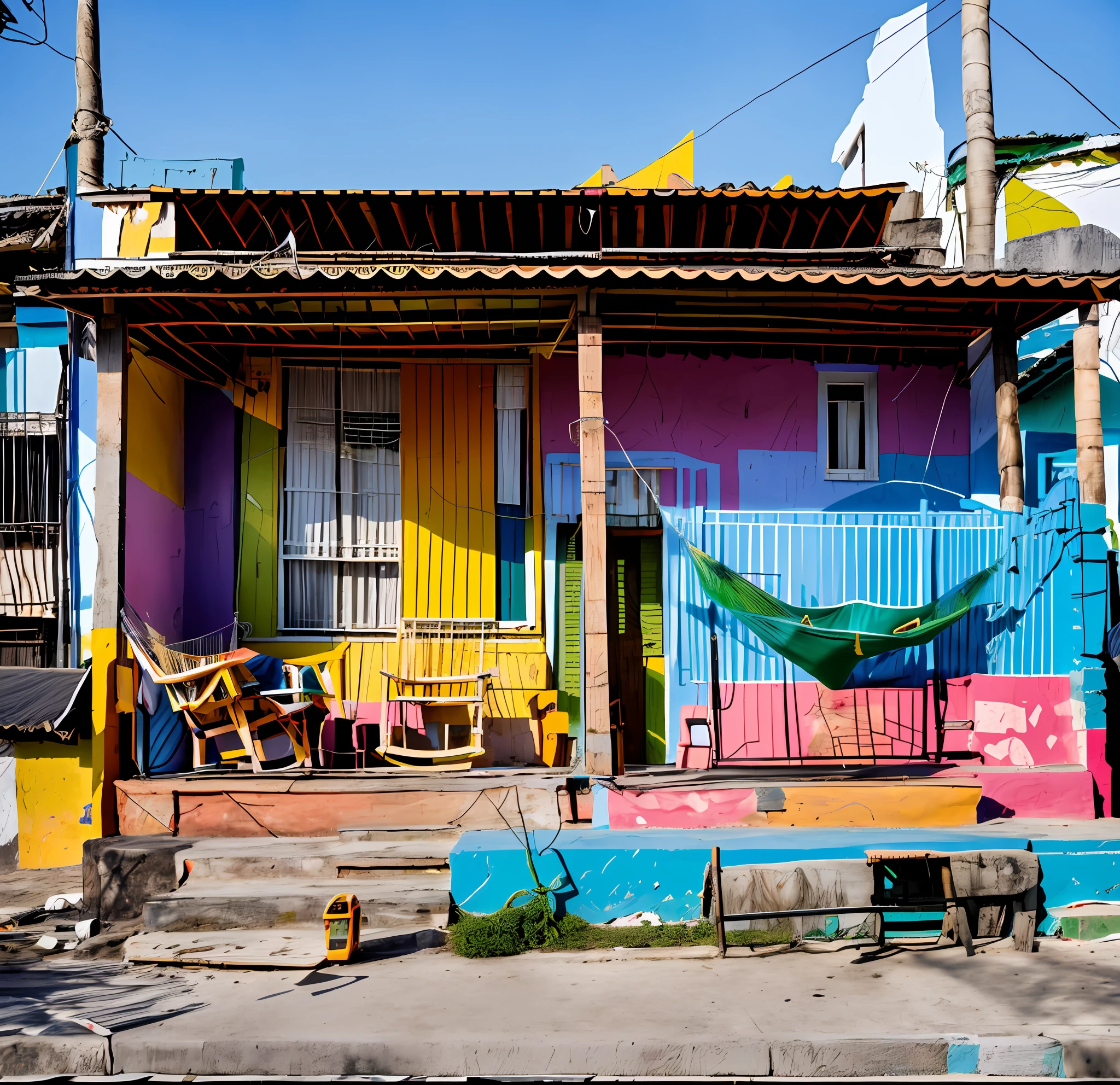 there is a hammock on the porch of a house, colorful house, by Samuel Silva, by Felipe Seade, colorful houses, by Ceferí Olivé, brilliantly colored, by Ramón Silva, location ( favela ), by Judith Gutierrez, vibrant scene, by Caro Niederer, location ( favela _ wall ), by Matteo Pérez, by Fernando Gerassi