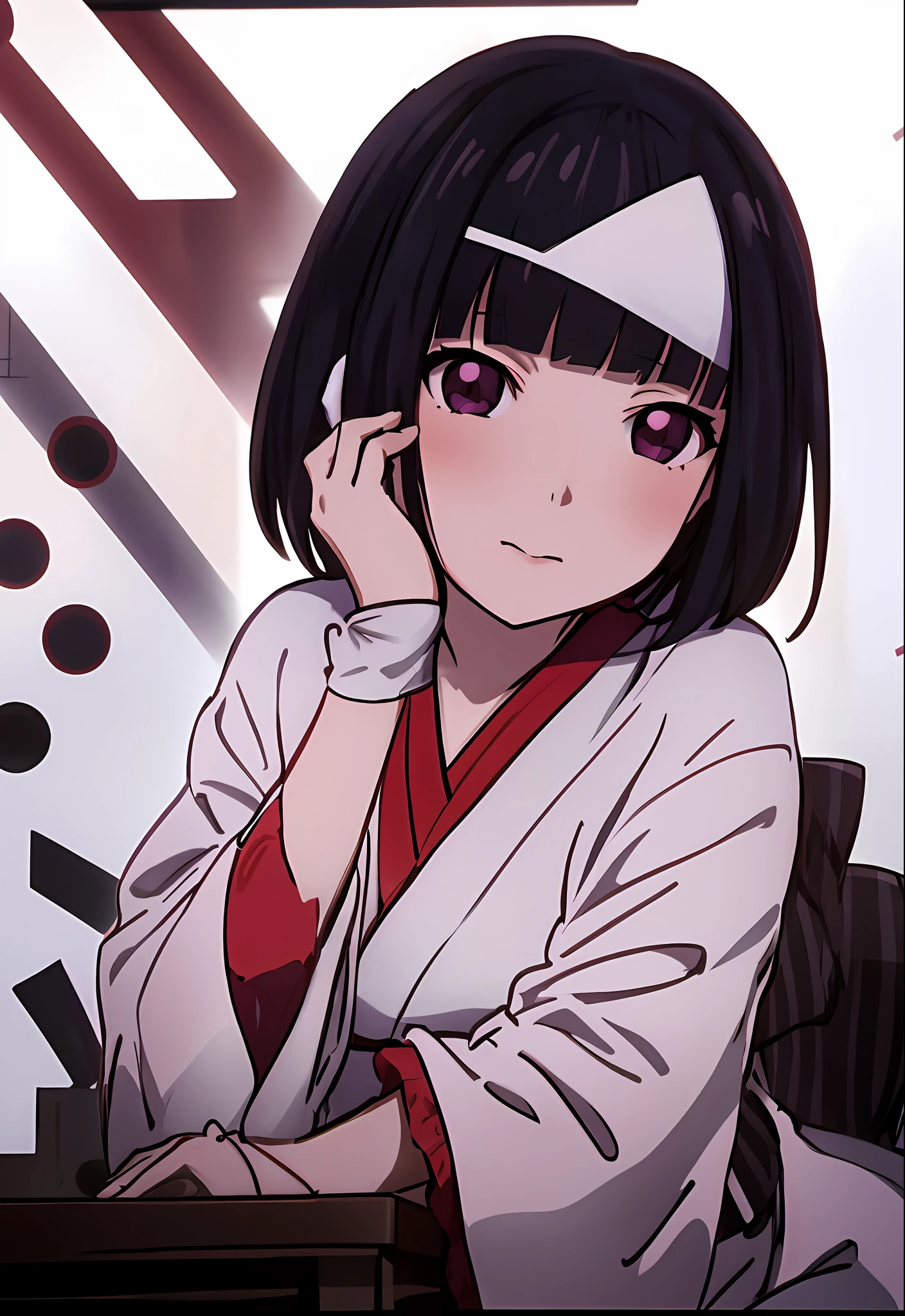 Anime girl in kimono costume sitting at table, anime visual of a cute girl, anime visual of a young woman, anime portrait of shiina ringo, Kuvshinov Ilya, anime still film anime shikishi, gapmoe yandere, akane owari danganronpa, Kuvshinov, Shigami Mi clenched her fists in her hands