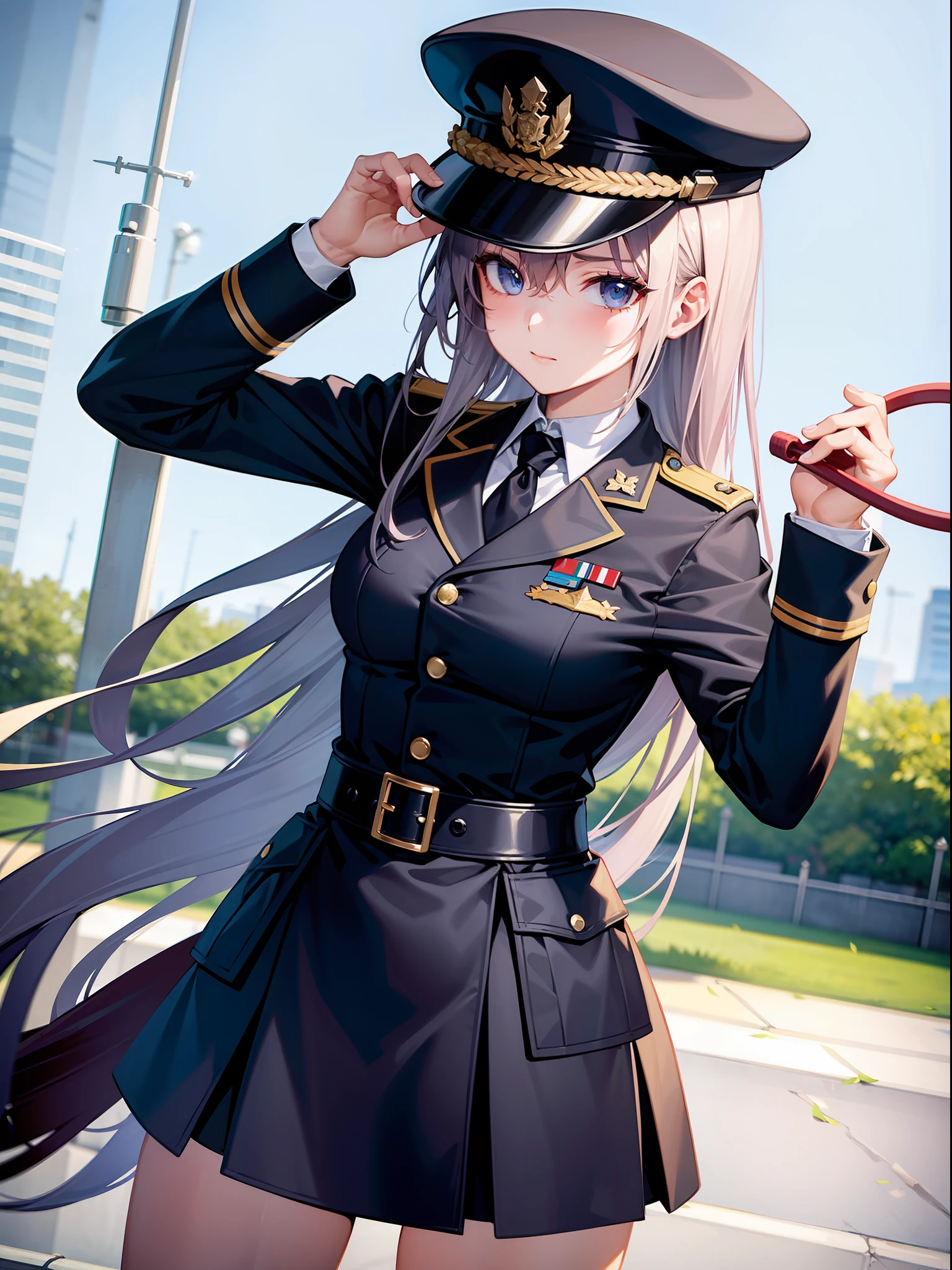 1 girl, prison guard, holding horse whip, military uniform, military hat