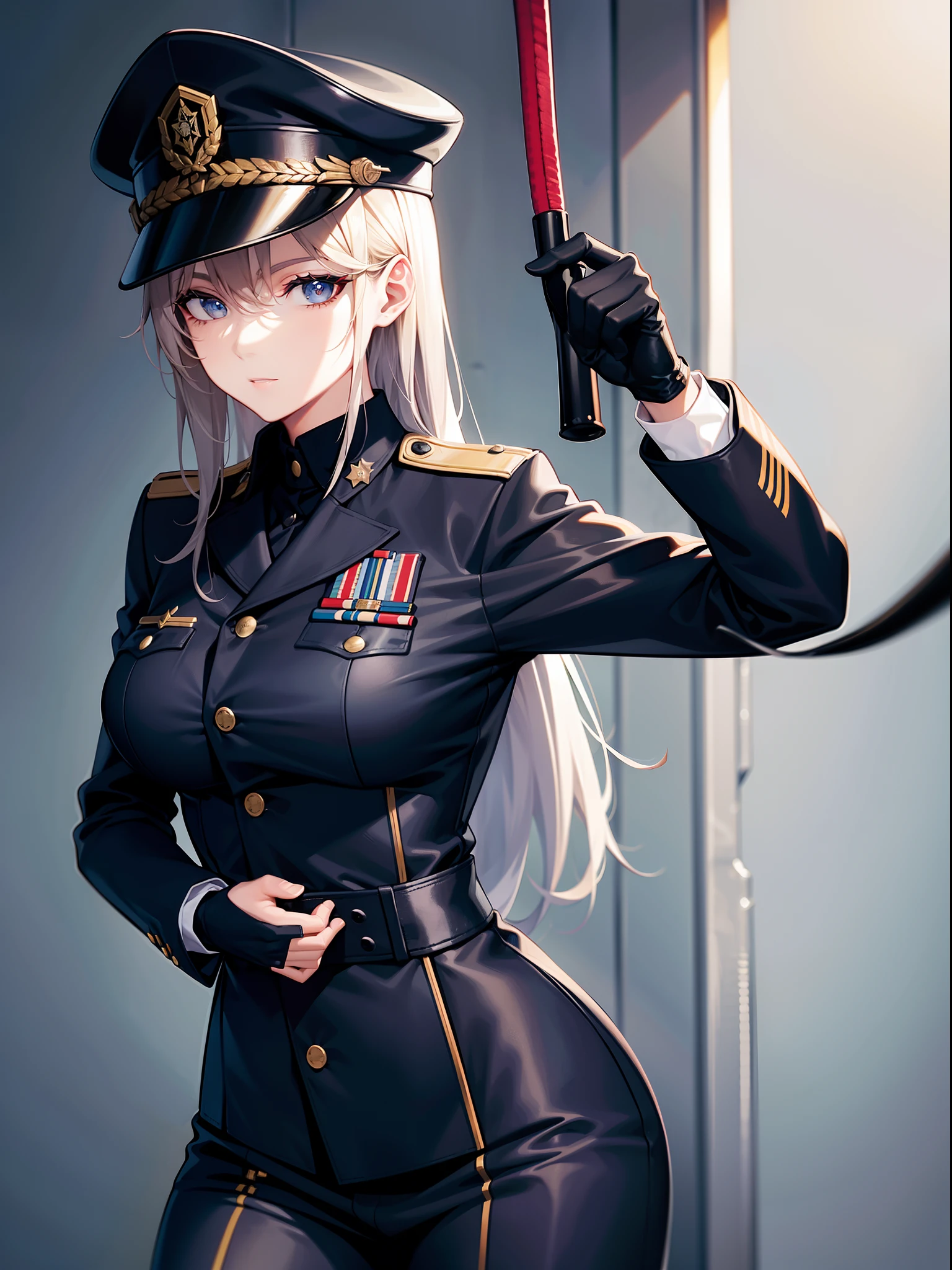 1 lady, prison guard, holding black whip, military uniform, military hat