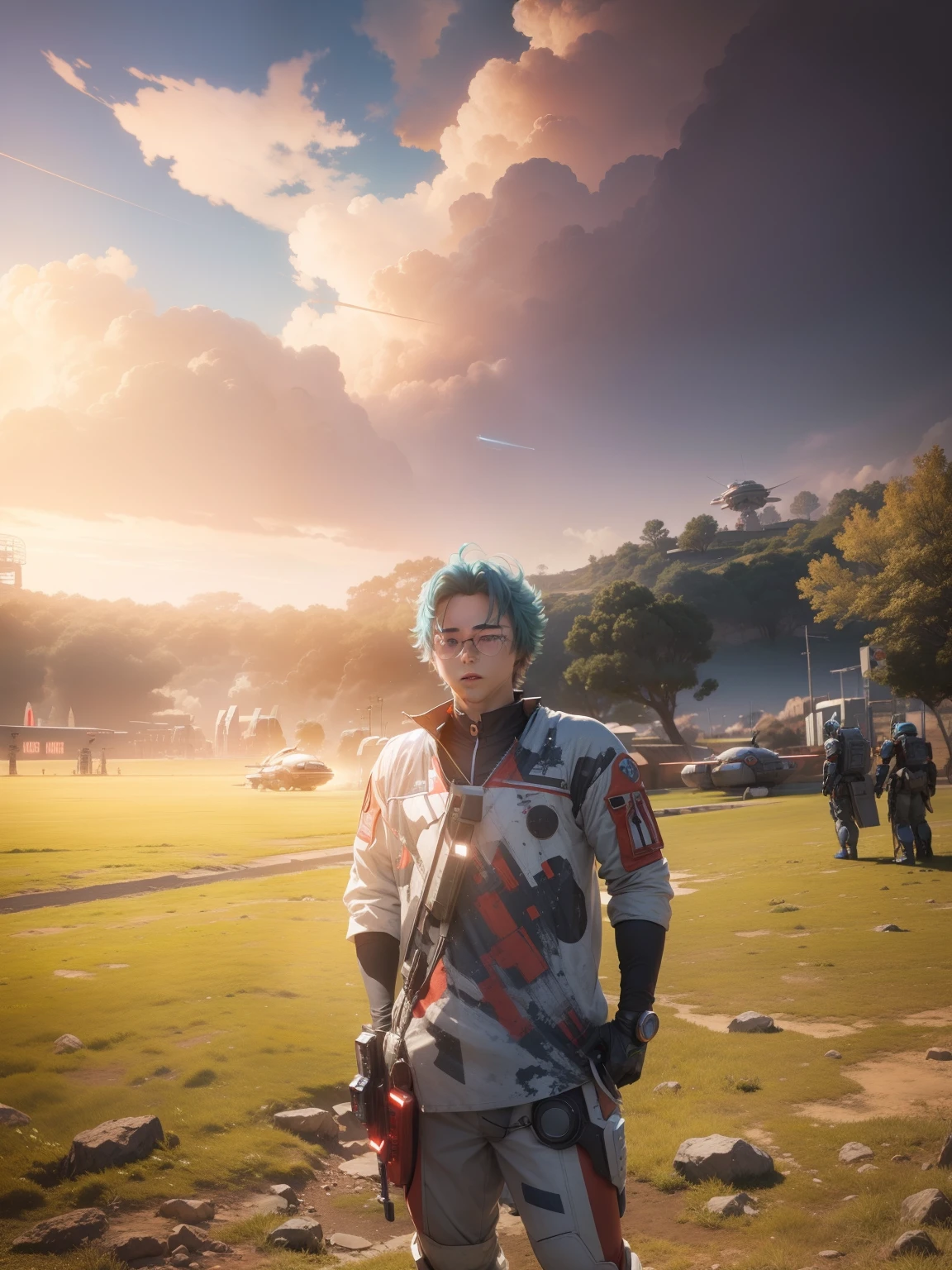 Anime boy, scifi background,mecha, ufo in sky, ultra hd,4k details