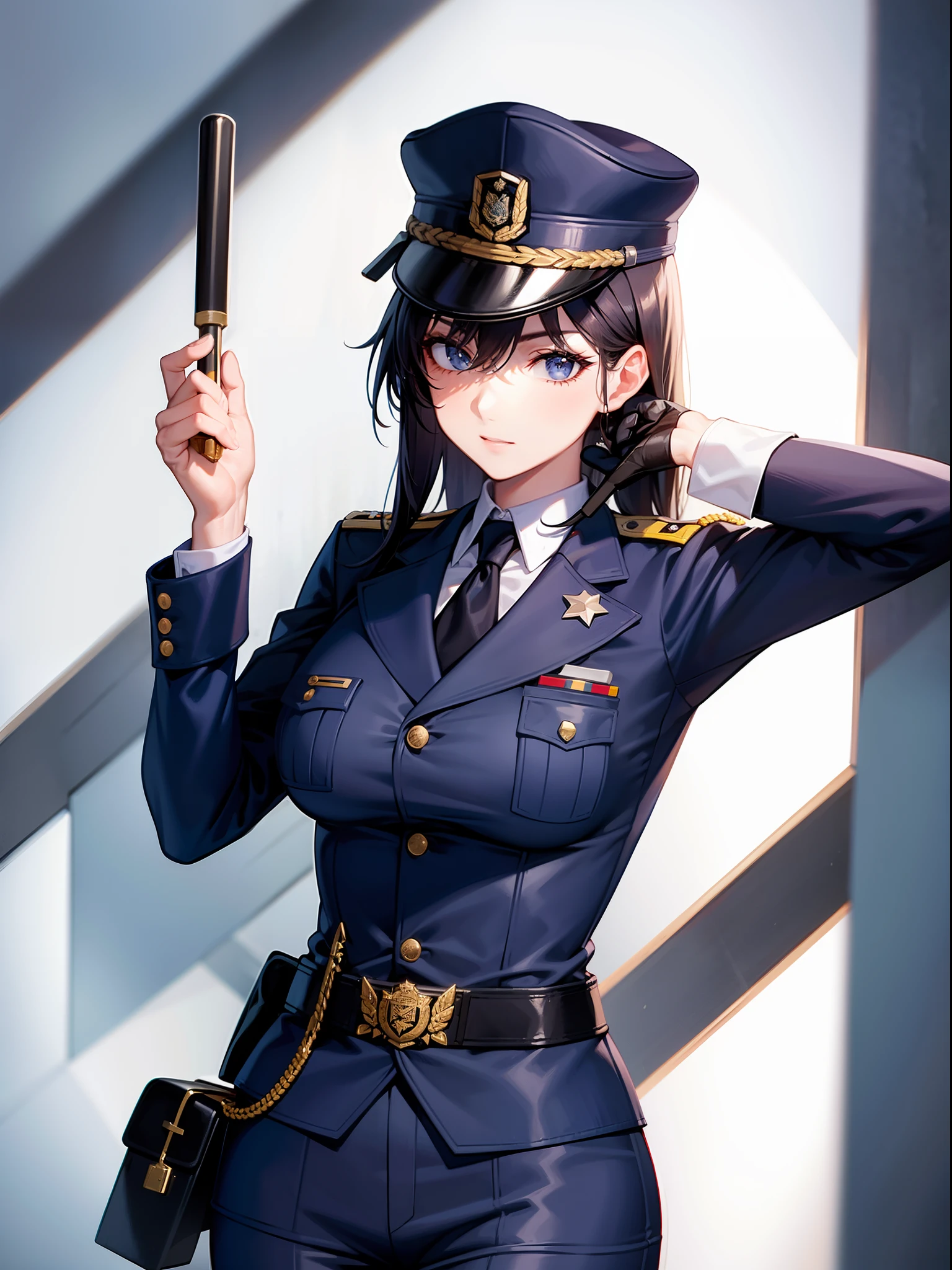 1 lady, prison guard, holding baton, military uniform, military hat