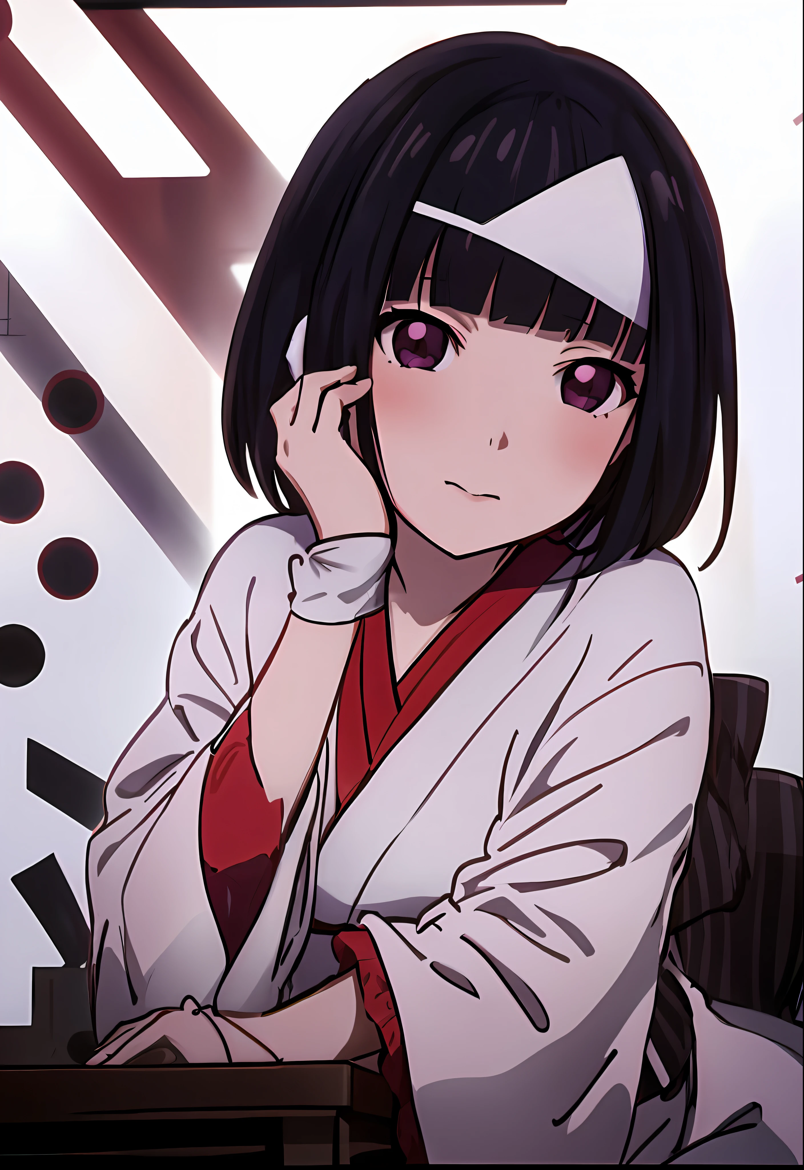 Anime girl in kimono costume sitting at table, anime visual of a cute girl, anime visual of a young woman, anime portrait of shiina ringo, Kuvshinov Ilya, anime still film anime shikishi, gapmoe yandere, akane owari danganronpa, Kuvshinov, Shigami Mi clenched her fists in her hands