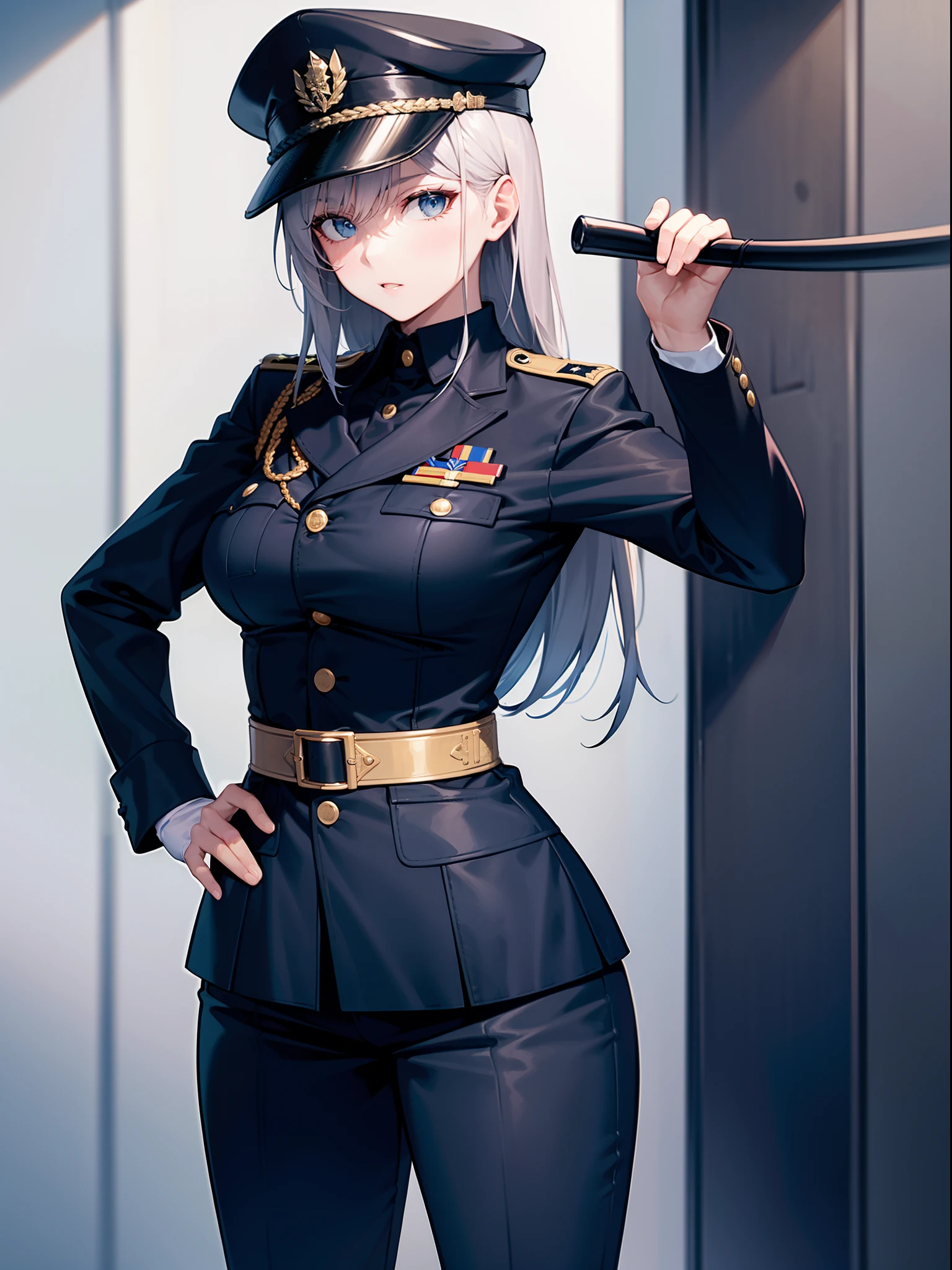 1 lady, prison guard, holding black short whip, military uniform, military hat