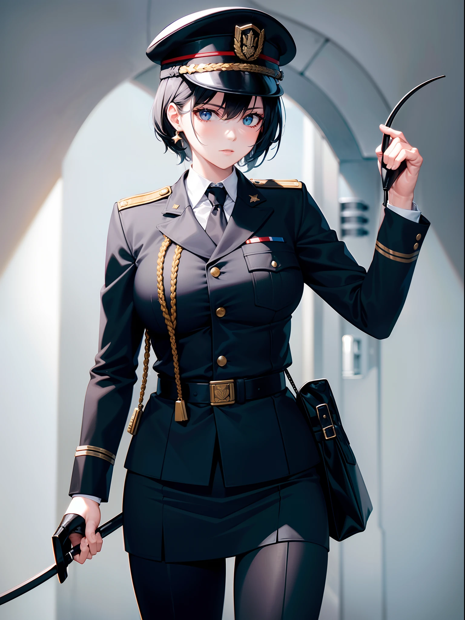1 lady, prison guard, holding black short whip, military uniform, military hat