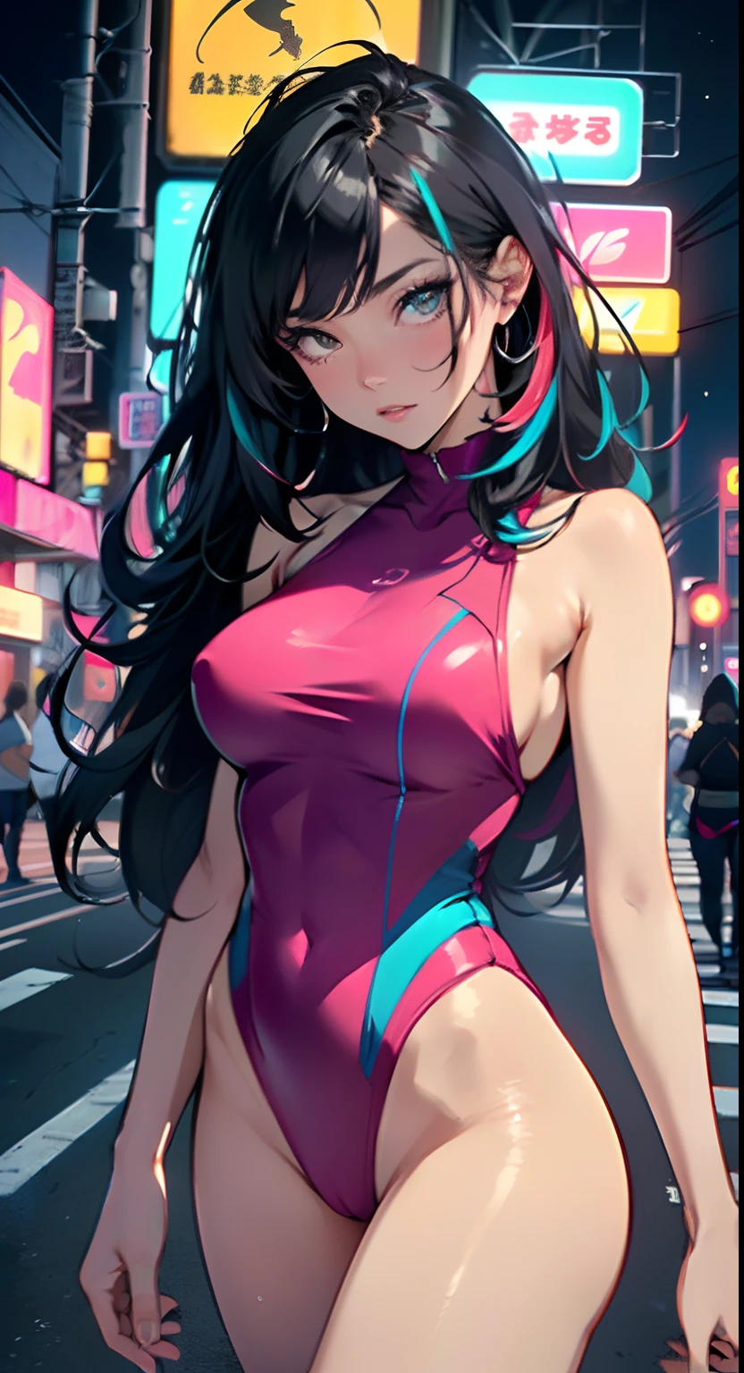 sporty girl with Asian features,(((1girl))),((anime girl with dark hair and turquoise highlights,extremely cute and beautiful walking seductively down the street)),

(large breasts:1.4),saggy breasts,(((Black hair with turquoise streaks:1.35,straight hair,long hair:1.4,colored inner hair,ear breathing))),((heterochromia,eye1 blue,eye2 turquoise,perfect eyes,upturned eyes:1.3,beautiful detailed eyes,finely detailed beautiful eyes:1,big highlight on eyes:1.2,slanted eyes)),((fat)),(((lustrous skin:1.5,bright skin: 1.5,skin tanned,shiny skin,very shiny skin,shiny body,plastic glitter skin,exaggerated shiny skin))),(spider lower abdomen,narrow waist,wide hip,athletic body,inflated legs,delicate detailed fingers,detailed body,detailed arms,human hands,(detailed face)),

cute,slutty,seductive,erotic,(((nsfw))),

((one-piece_swimsuit magenta)),(wearing a one-piece_swimsuit outfit:1.3),(detailed outfit,detailed clothes),

(dynamic pose:1.0),embarrassed,centered,scale to fit dimensions,Rule of thirds,

outdoors,((night view)),(very pretty city neon synthwave,cyberpunk night street Background:1.5,dark sky,thick clouds),future vehicles,((neon lights)),thick clouds,(cyberpunk style,neon lights, (synthwave theme background), lonely street),(((detailed background:1.25))),

(best quality),(high resolution),(sharp focus),(ultra detailed),(extremely detailed),(extremely high quality artwork),8k_wallpaper,(extremely detailed CG 8k),(very fine 8K CG),((hyper super ultra detailed perfect piece)),flawless,(((masterpiece))),illustration,vibrant colors,(intricate),High contrast,Selective lighting,Double exposure,HDR (High Dynamic Range),Post-processing,Background blur,