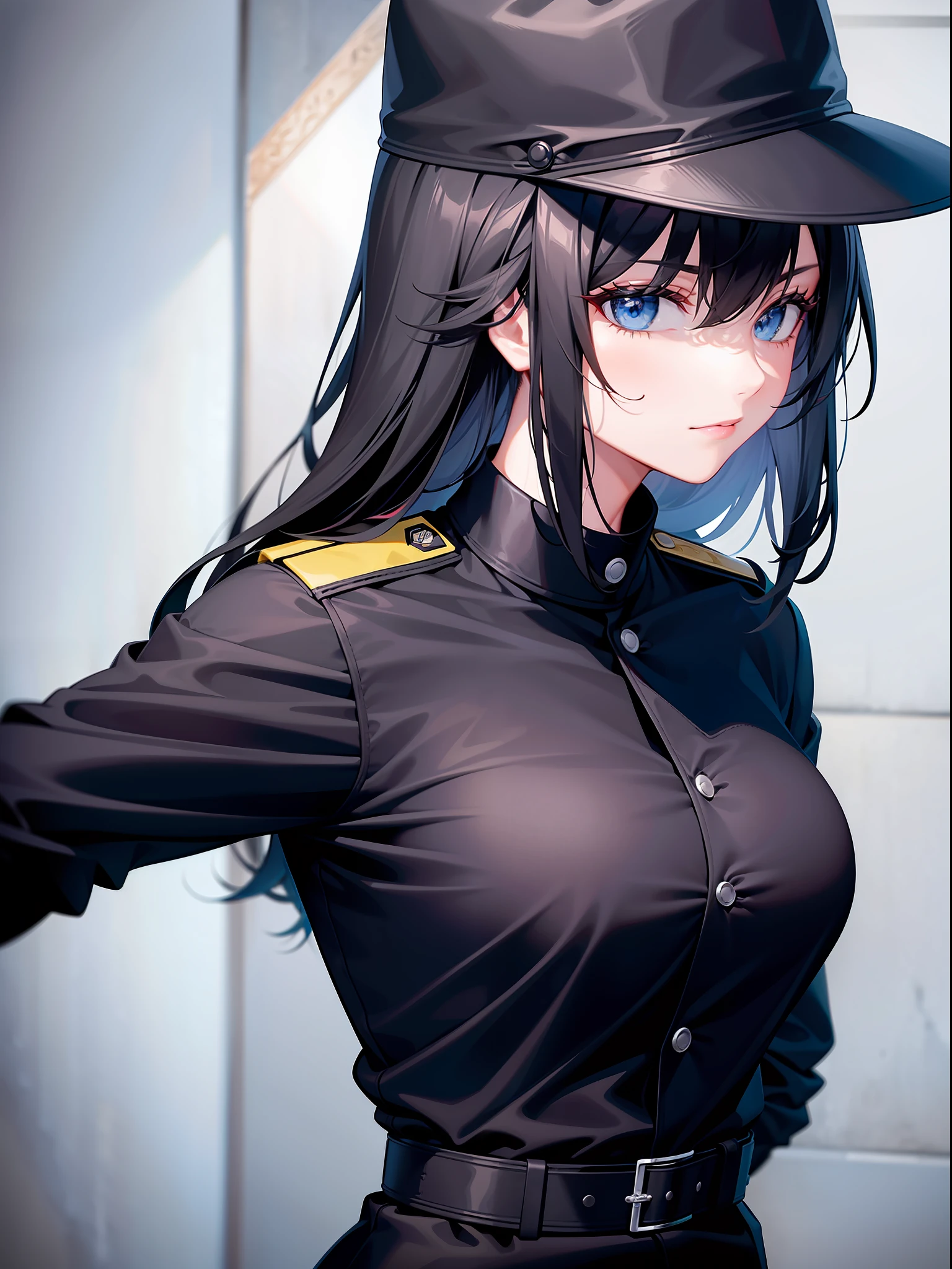 1 lady, prison guard, black uniform, black hat