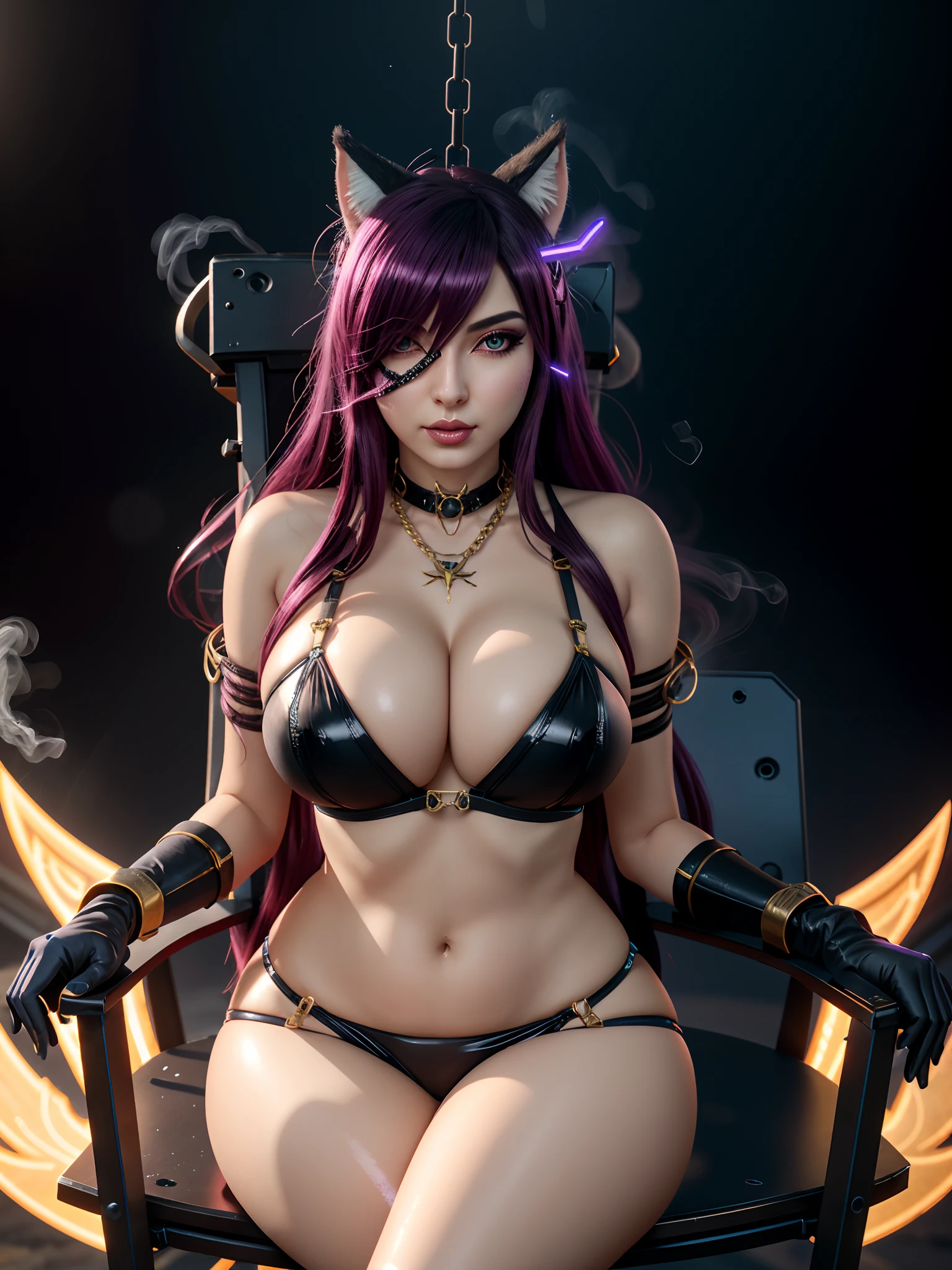 1 girl, Beautiful photorealistic Prestige KDA all out Ahri from League of Legends blushing, string bikini armor, Shibari, blindfold, electric chair, major cleavage, breast indentation, Ahri inside a Runeterra prison, slave collar, chain around her neck, roleplay bdsm, high fantasy, gravure, lewd, busty, highly detailed, 8k, high resolution, solo, big juicy lips, thick juicy thighs, makeup, large shiny breasts, gloves, looking at viewer, photorealistic, Cinema 4D, octane render, innovative, sexy, curvy but slender, mystical aura, smokey mist around Ahri, illuminati style, use advanced machine learning to create the perfect succubus waifu Ahri alone sitting in an electric chair, exposed camel toe, vice magazine photography style, trending on Pixiv, trending on civitai, perfect composition, sfw, professional quality, unreal engine