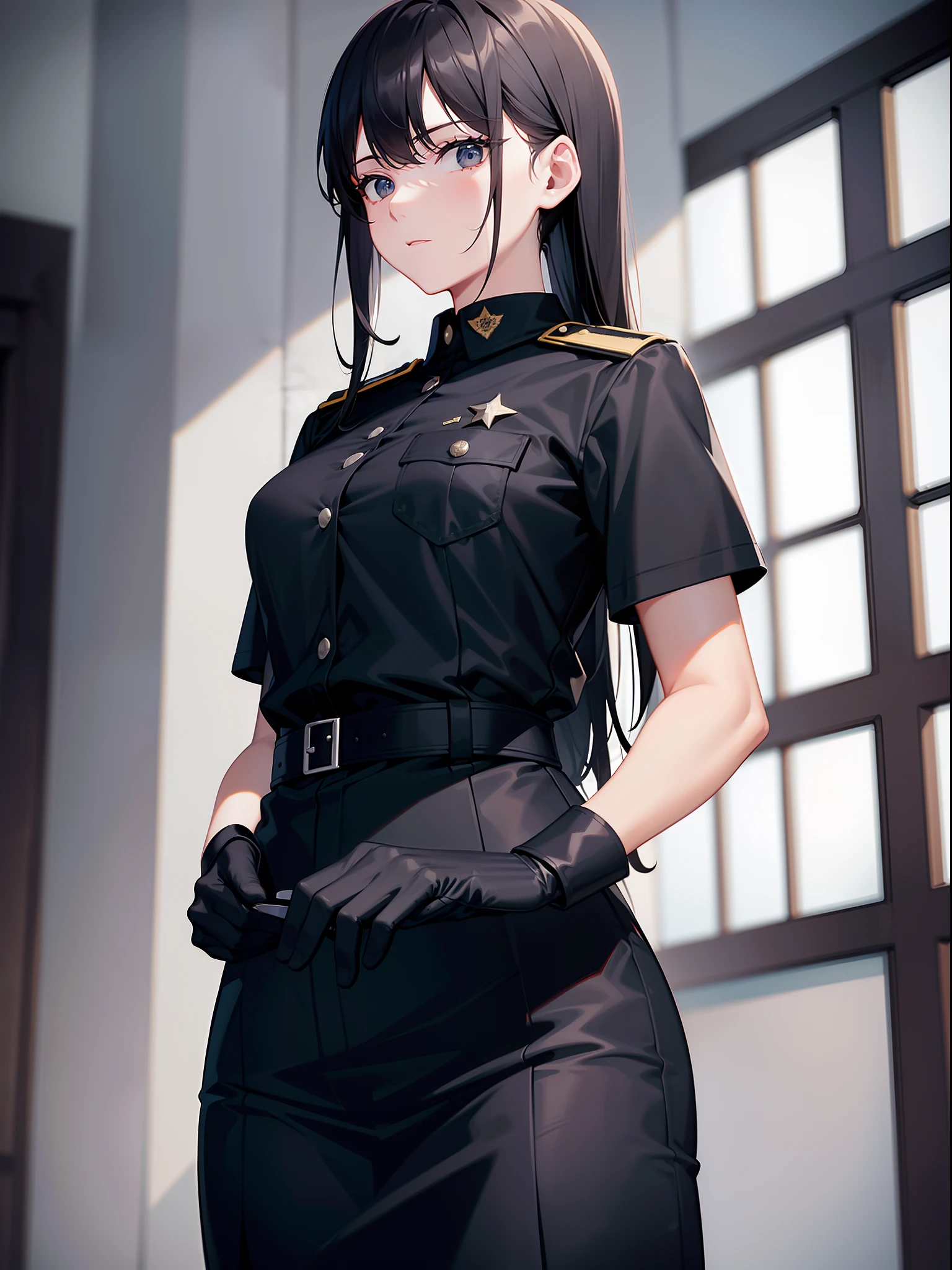 demon girl, pale skin, pulled-up black hair, red eyes, face-framing strands, wide hips, huge thighs, slim waist, dark gray military shirt with rolled-up sleeves, military hat, black dress pants, long jackboots, body-defining clothing, gold accents on clothes, abandoned military base as background, masterpiece, HD, vibrant environment, clean and lively